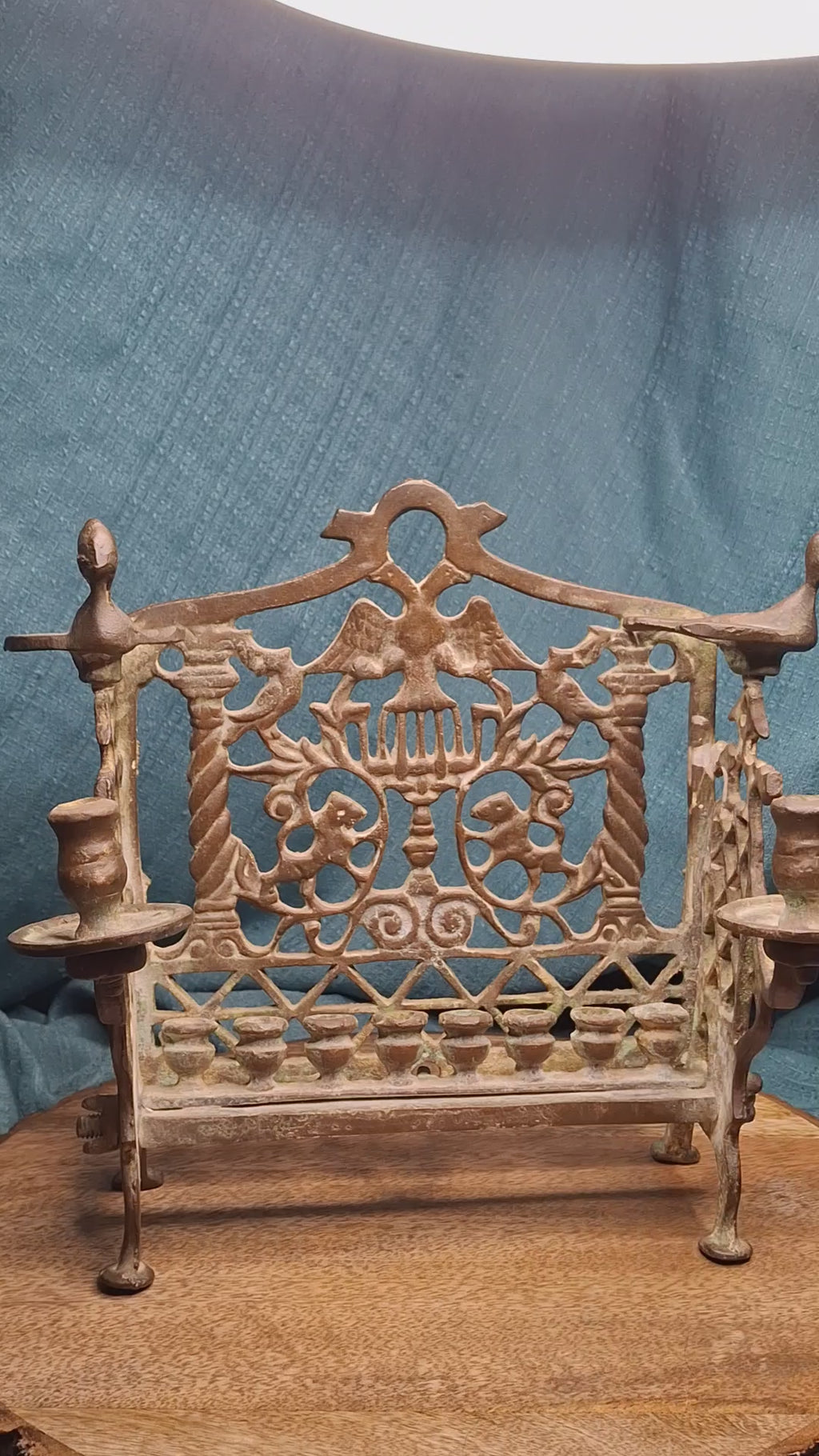 Antique Early 19thC Polish Brass Bench Menorah Lions Eagle Hanukkah Lamp Rare