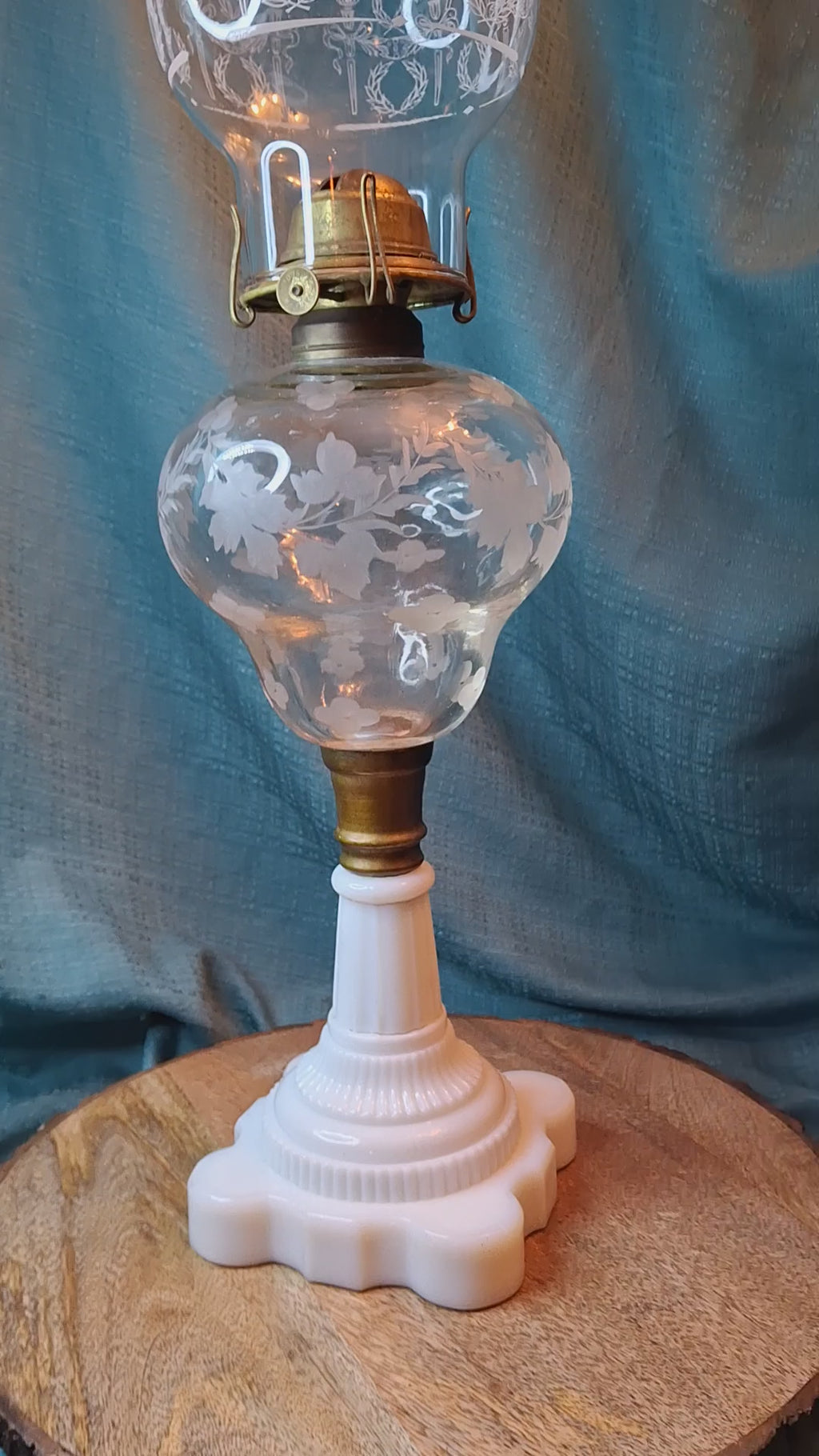 Antique 1877 Victorian Oil Lamp - Etched Floral Font & Wreath Chimney Milk Glass Base