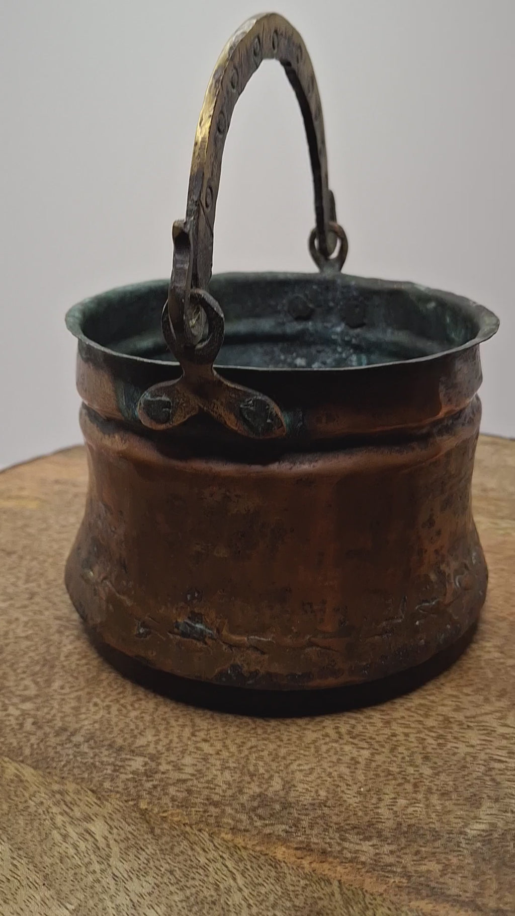 19th C Hand-Hammered Copper Pot or Melting Cauldron w/ Wrought Iron Handle