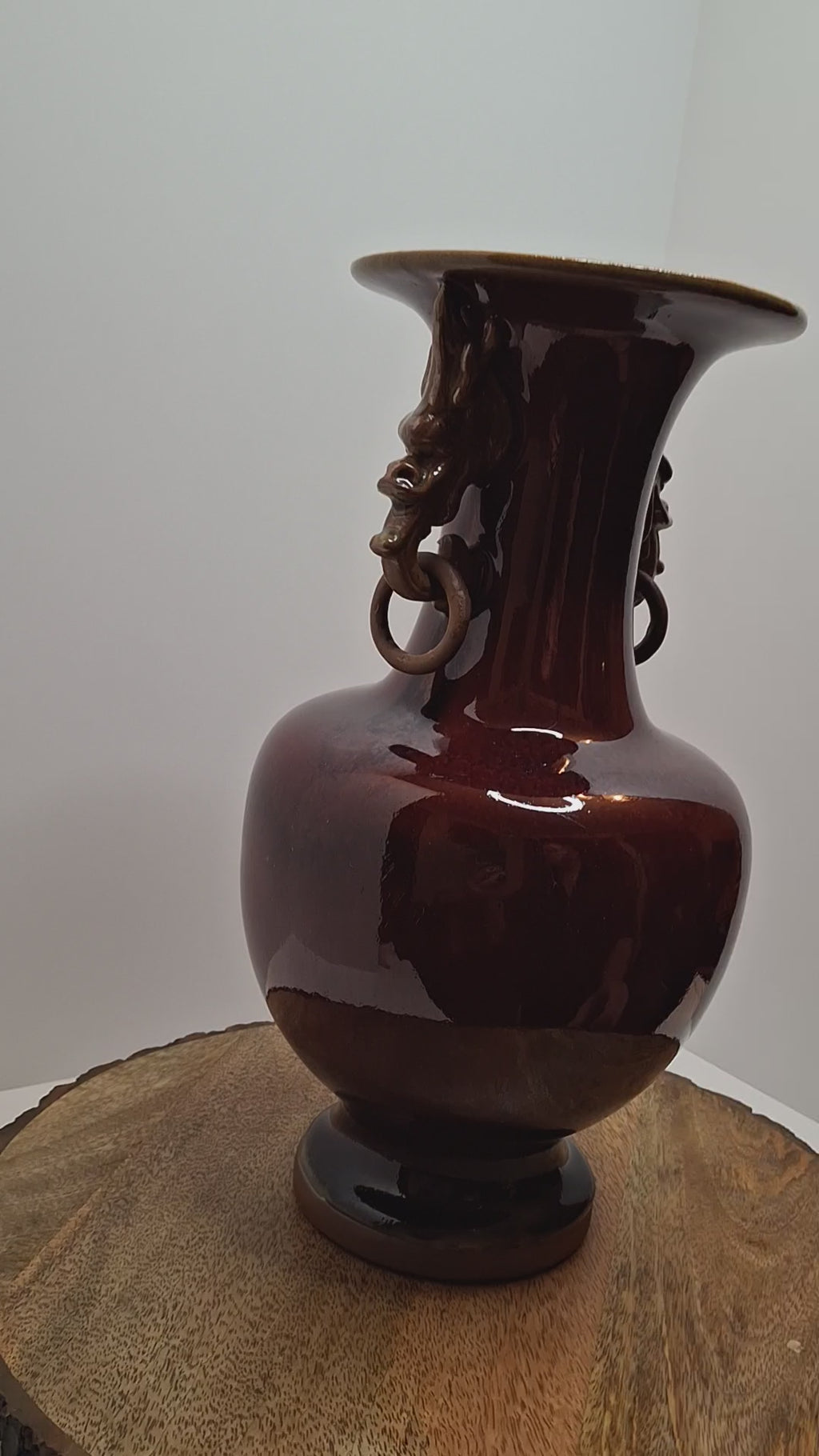 Mid-Century Chinese Jingdezhen Oxblood Porcelain Vase with Chi Dragon Handles, Flambé Glaze, 12.5" Tall – Vintage Reproduction