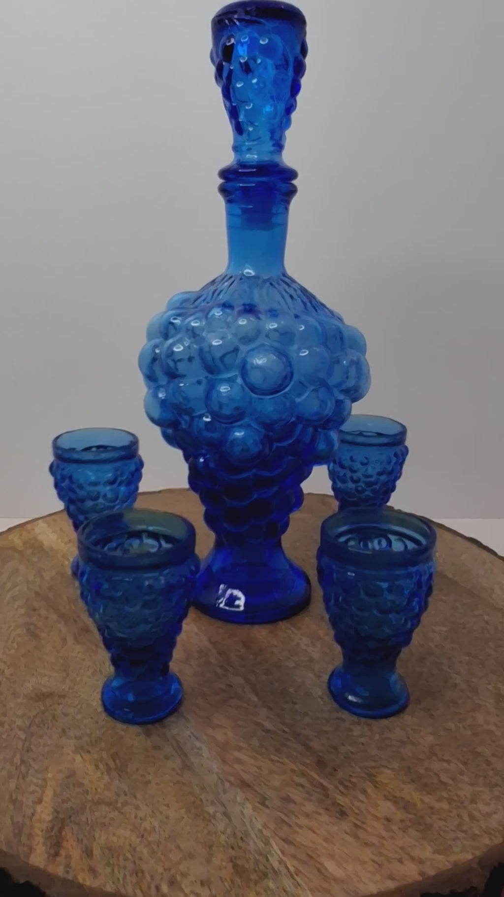 Vintage 1960s Empoli Italian Cobalt Blue Grape Cluster Glass Decanter Set with 4 Shot Glasses - Mid-Century Modern Barware