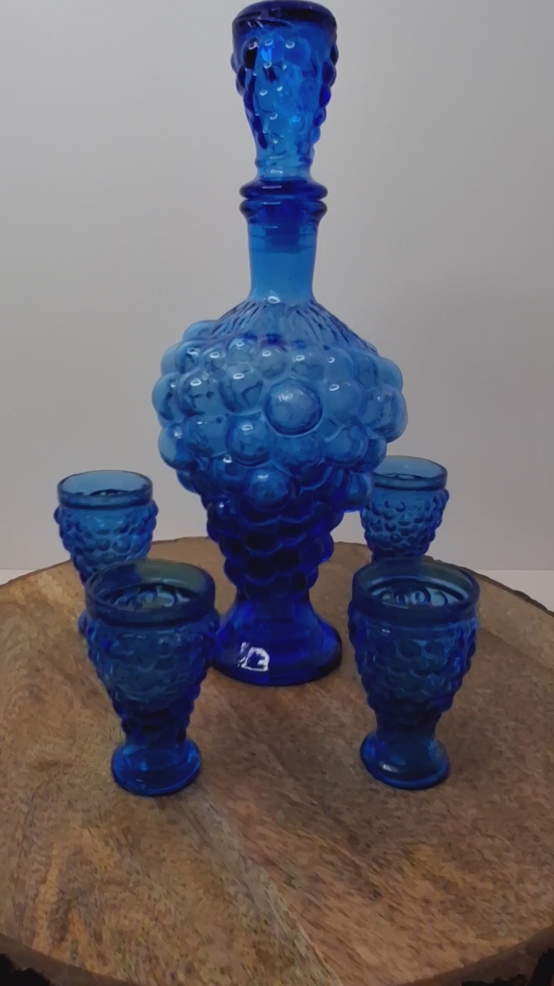 Vintage 1960s Empoli Italian Cobalt Blue Grape Cluster Glass Decanter Set with 4 Shot Glasses - Mid-Century Modern Barware
