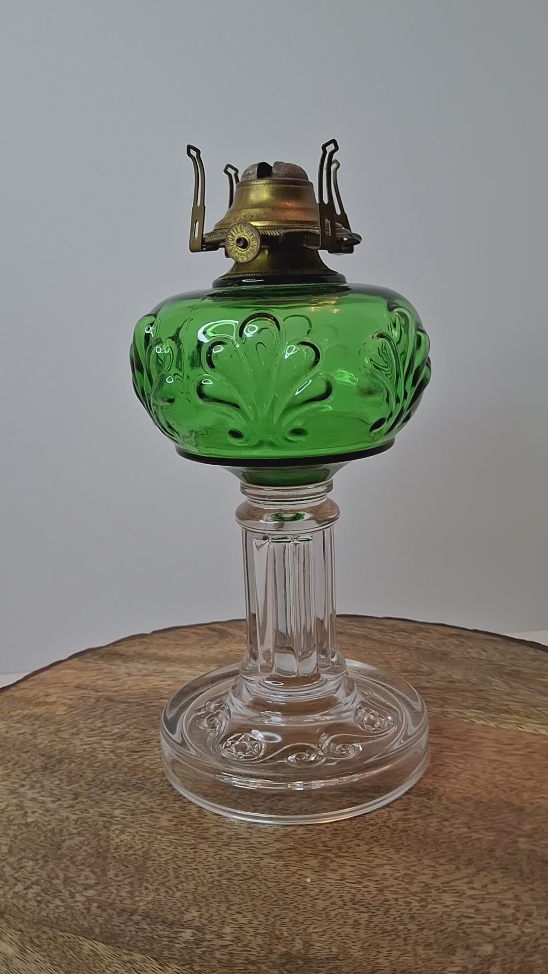 Antique Emerald Green Glass Kerosene Lamp Star of David Base Queen Anne Burner