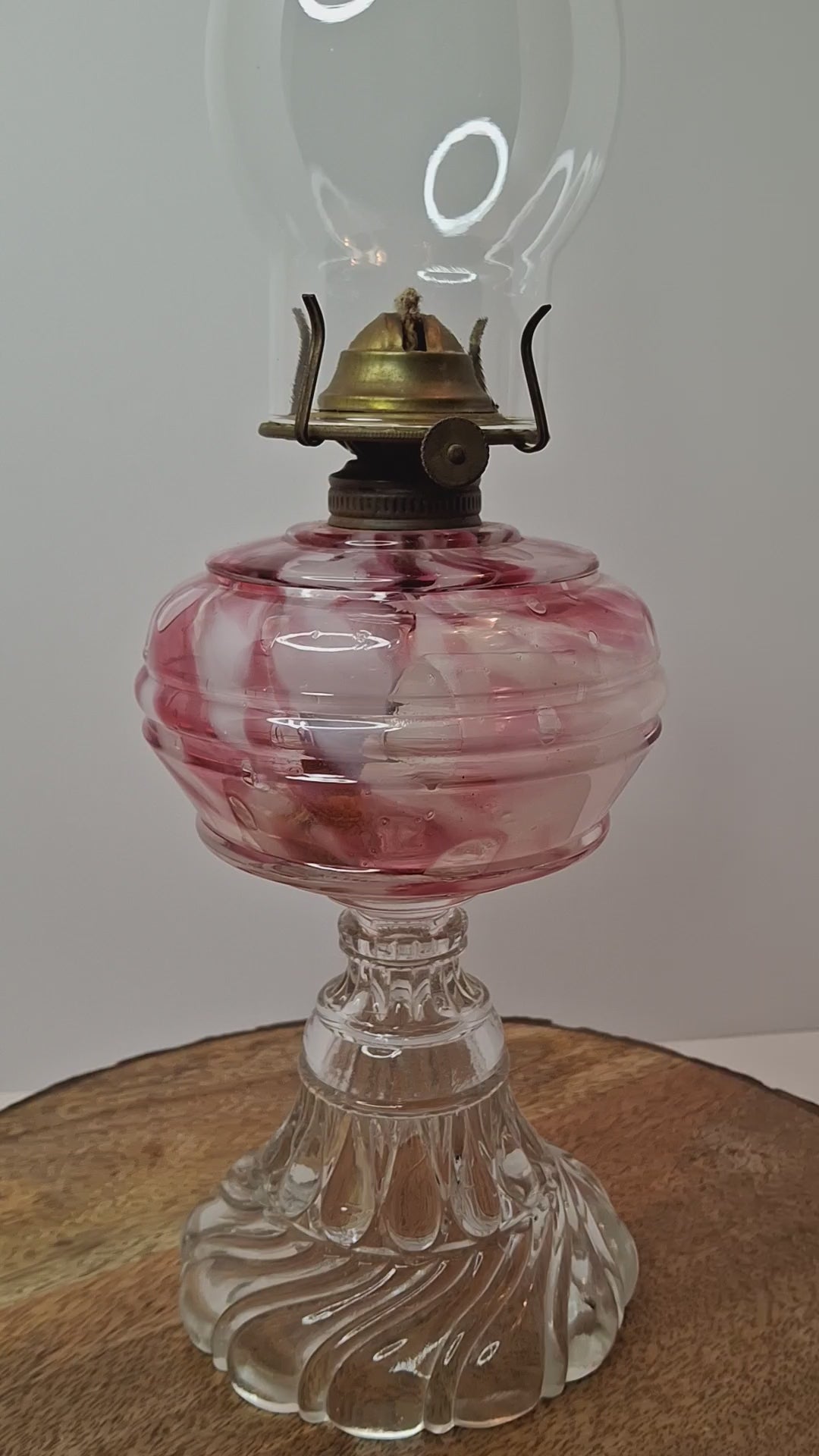 RARE Antique Cranberry Opalescent Swirl Kerosene Lamp Northwood Paneled Arches EAPG