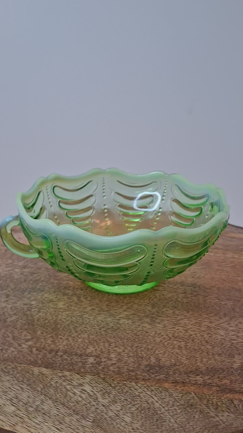 Antique Jefferson Glass Green Opalescent Reverse Swirl Bowl 2-Handle Nappy 1905