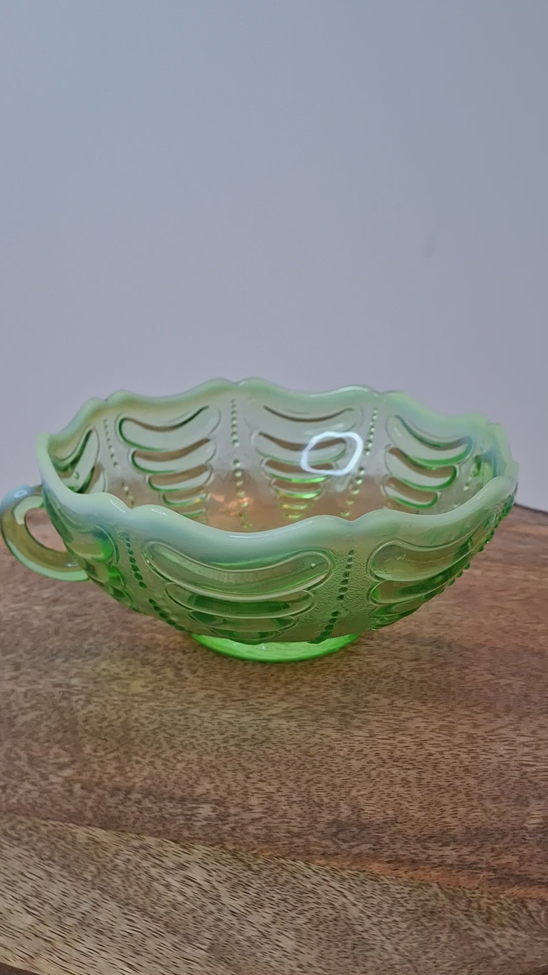 Antique Jefferson Glass Green Opalescent Reverse Swirl Bowl 2-Handle Nappy 1905