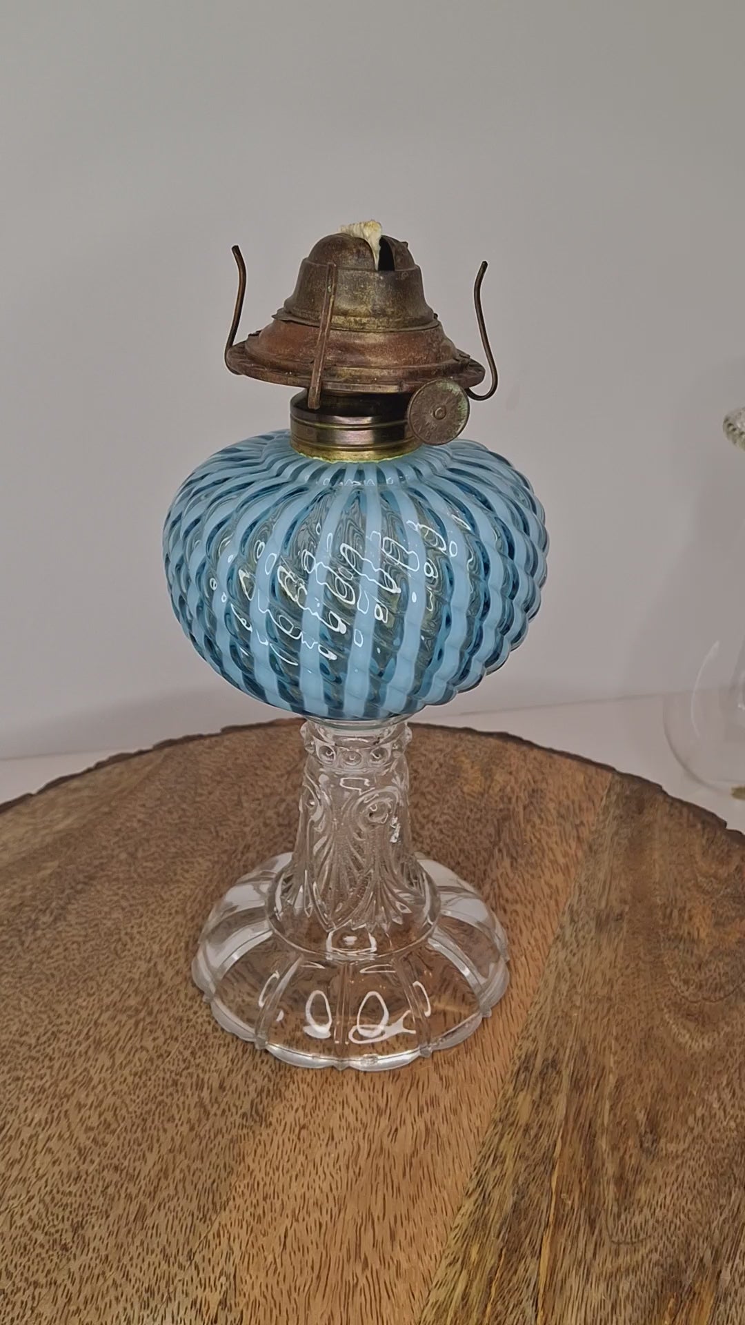 Rare Thuro Collection Sheldon Swirl Opalescent Kerosene Oil Lamp Blue Reverse