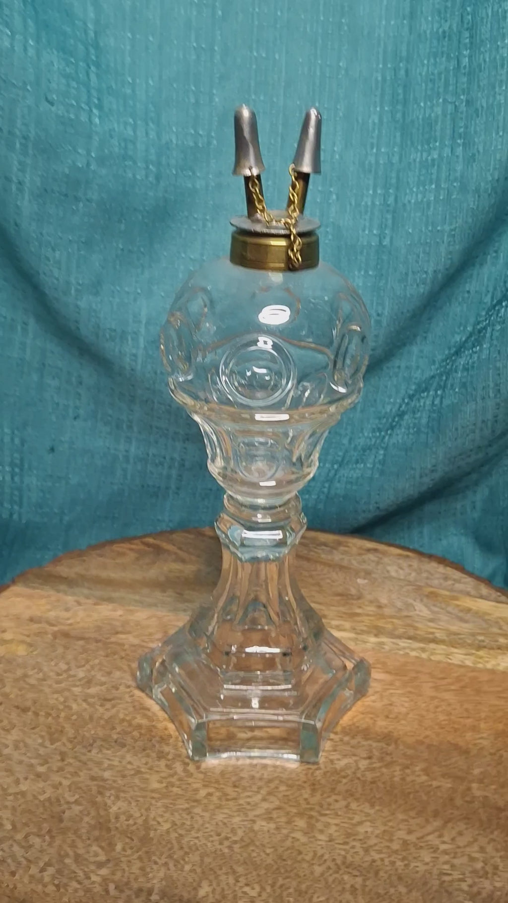 Antique 19th Century Double Fluid Burner Oil Lamp - Circa 1840s Brass & Clear Glass, Dual-Tube with Attached Snuff Caps