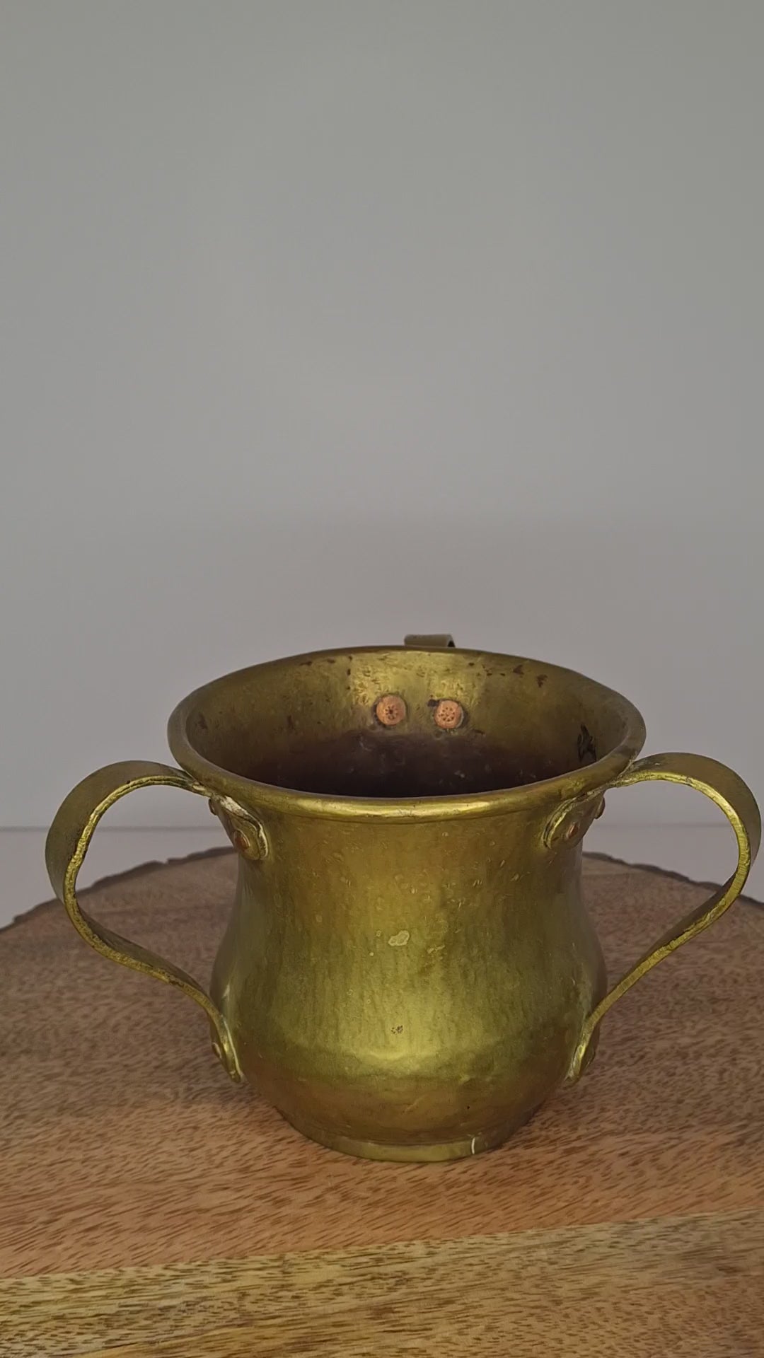 Antique Russian Brass Three-Handled Netilat Yadayim Cup - Hand Washing Laver, Marked with Double-Headed Eagle, Judaica (Circa Late 19th to Early 20th Century)