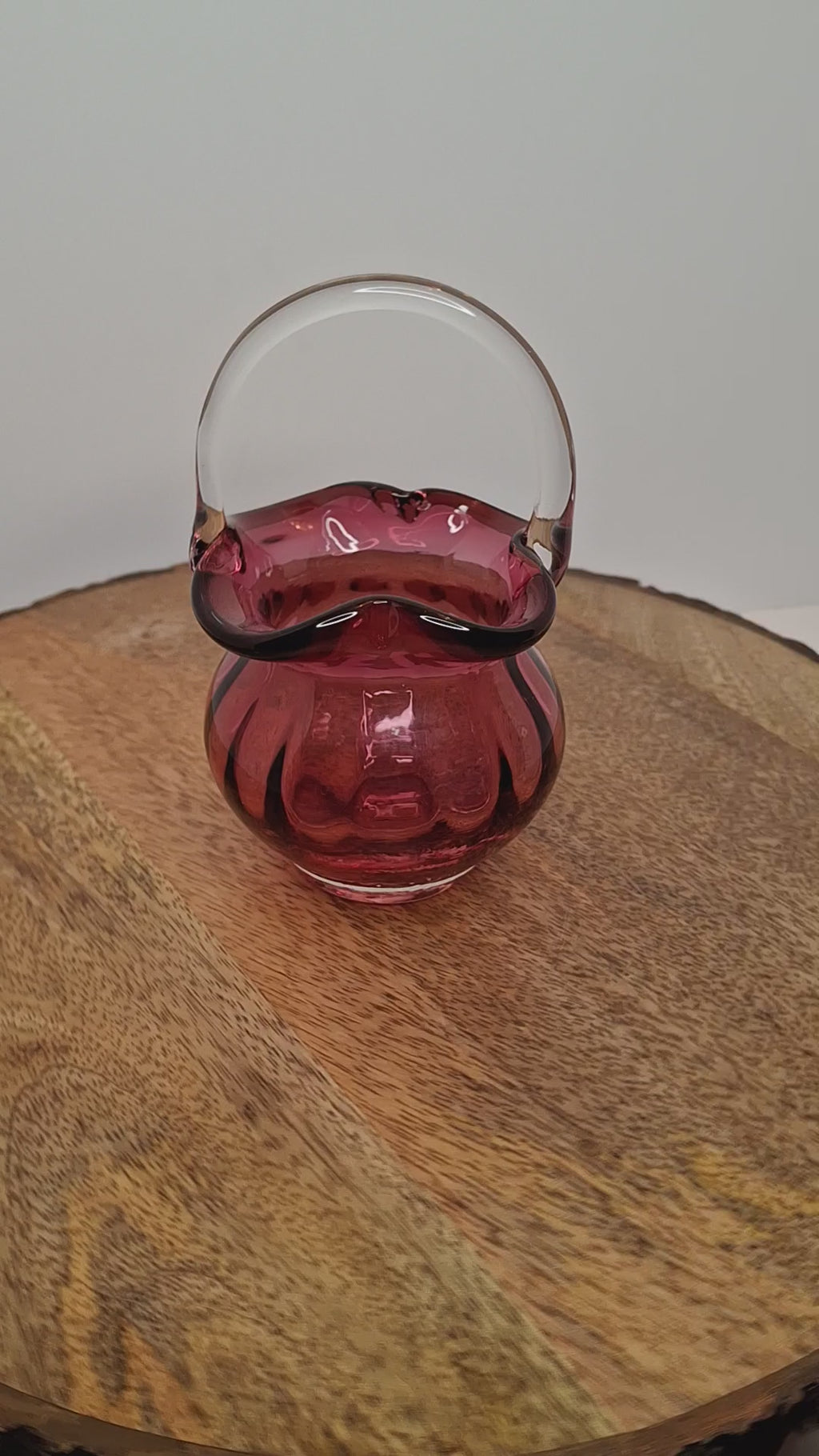 Hand-Blown Cranberry Glass Basket Clear Applied Handle - Possible Pilgrim Glass