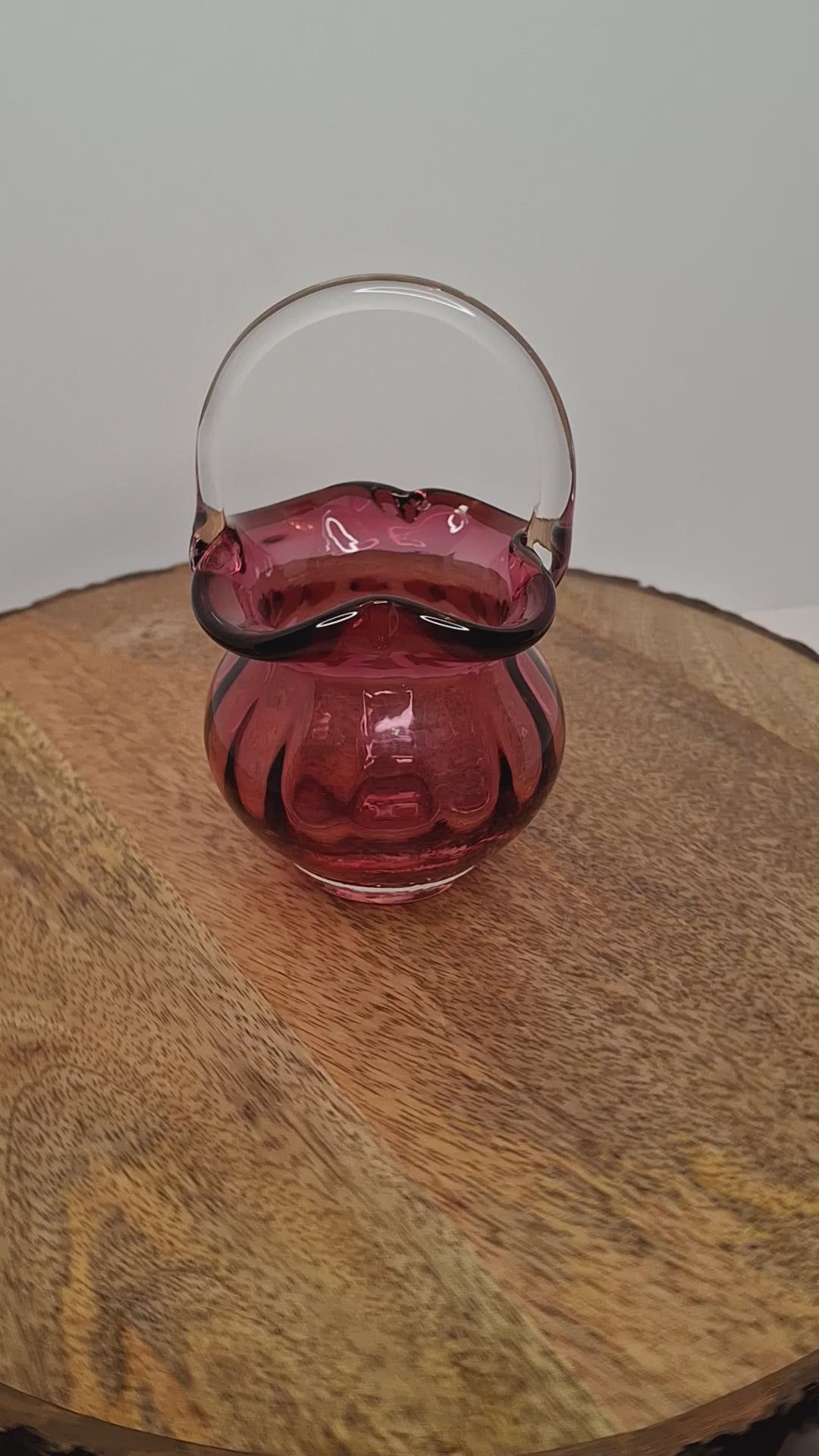 Hand-Blown Cranberry Glass Basket Clear Applied Handle - Possible Pilgrim Glass