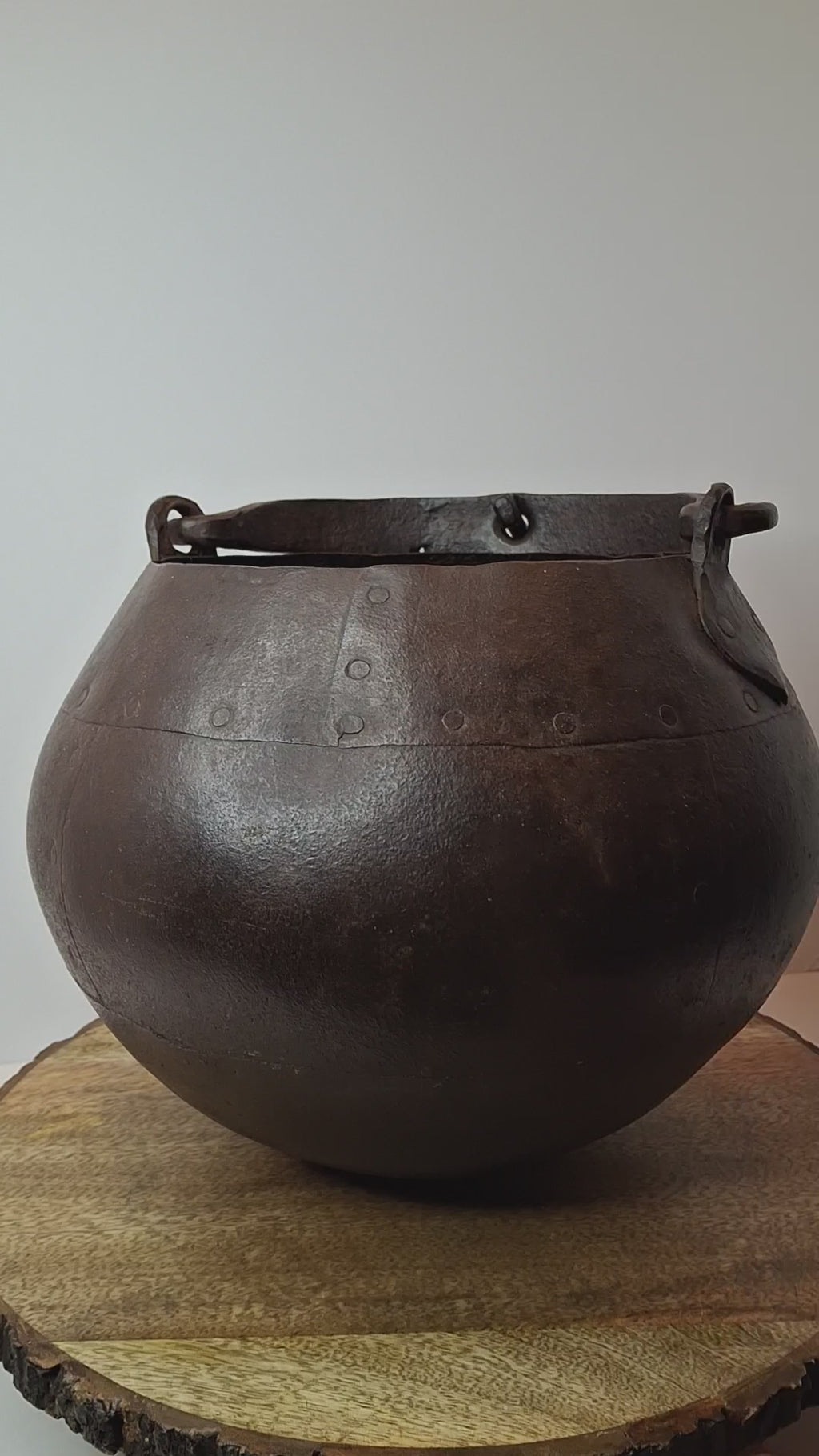 Antique 19th C Hand Forged Wrought Iron Well Bucket Riveted Strap Construction Hearth