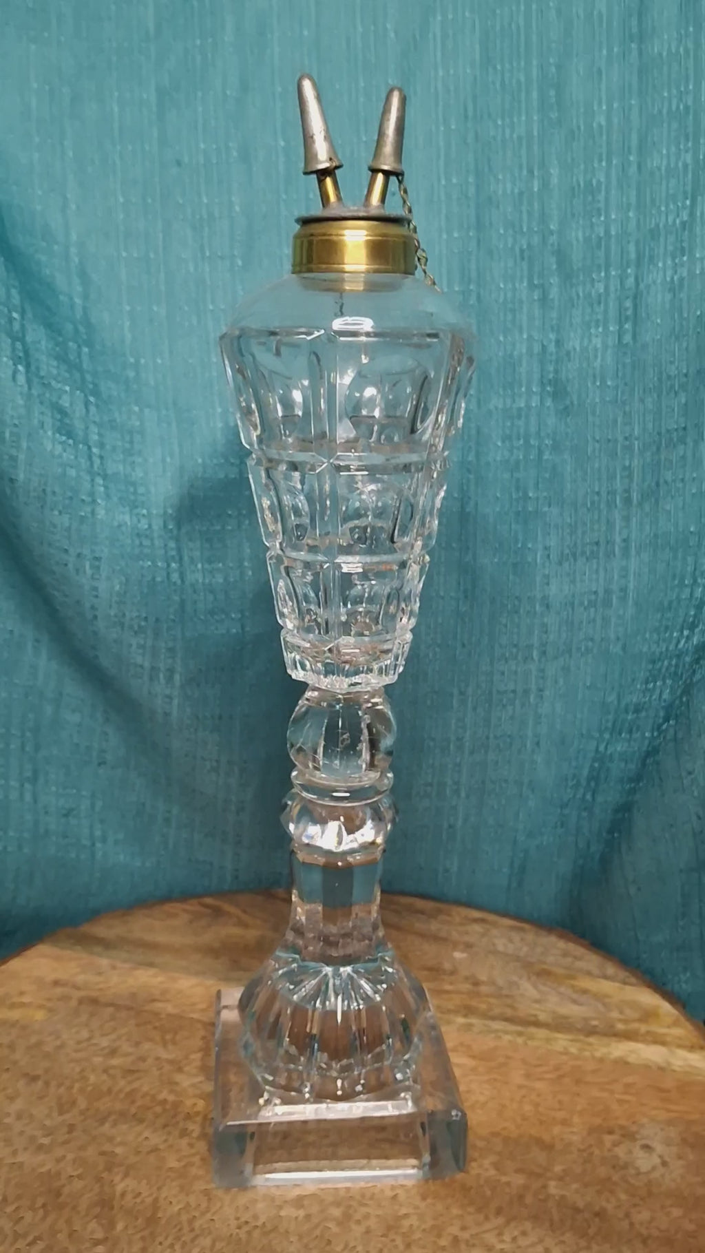 Tall Victorian Cut Glass Duplex Oil Lamp Brass Double Fluid Burner Snuff Caps c1880-1900