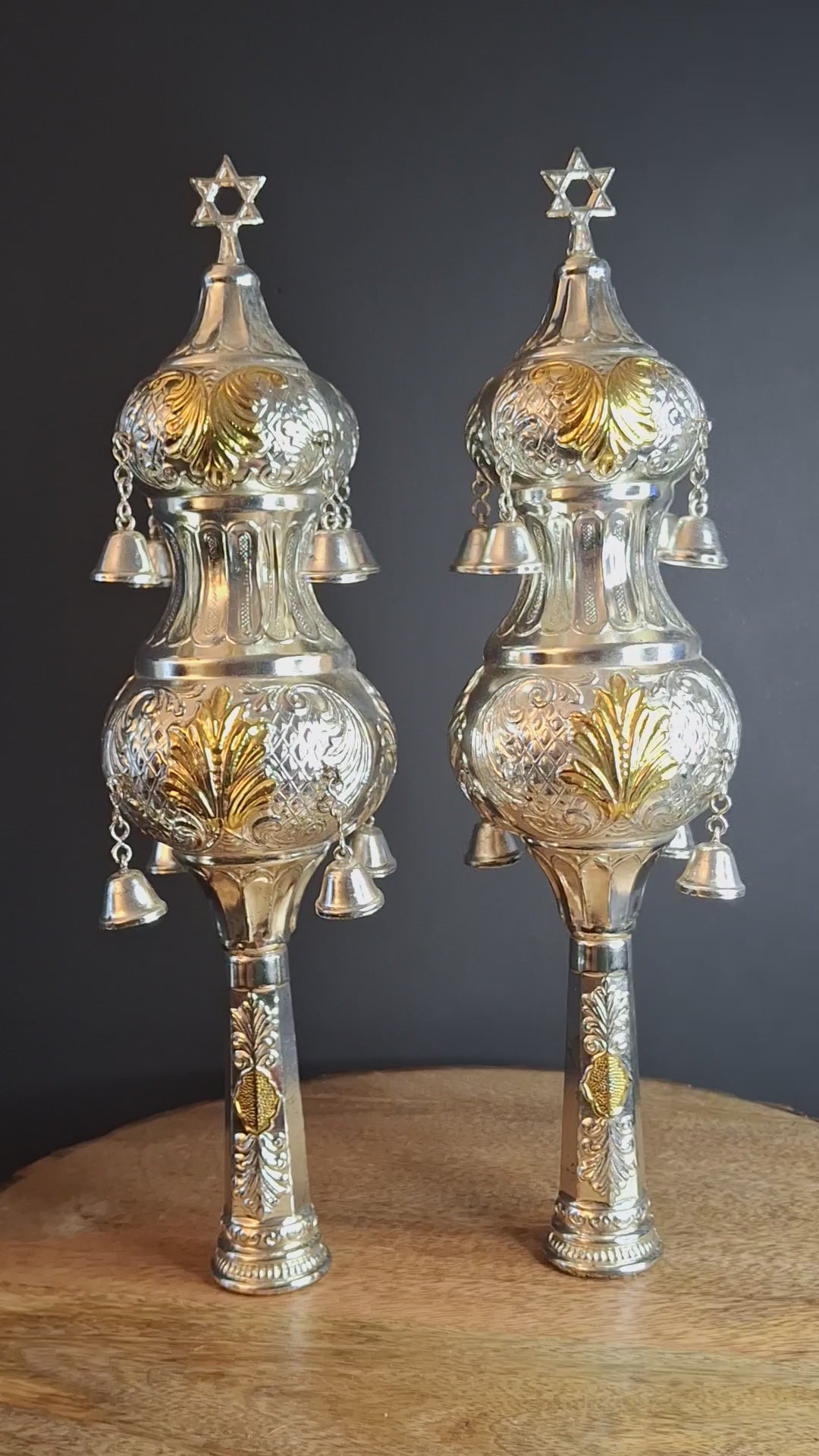 Vintage Pair Silver & Gold Plated Resin Torah Finials Rimonim Star of David Bells 12"
