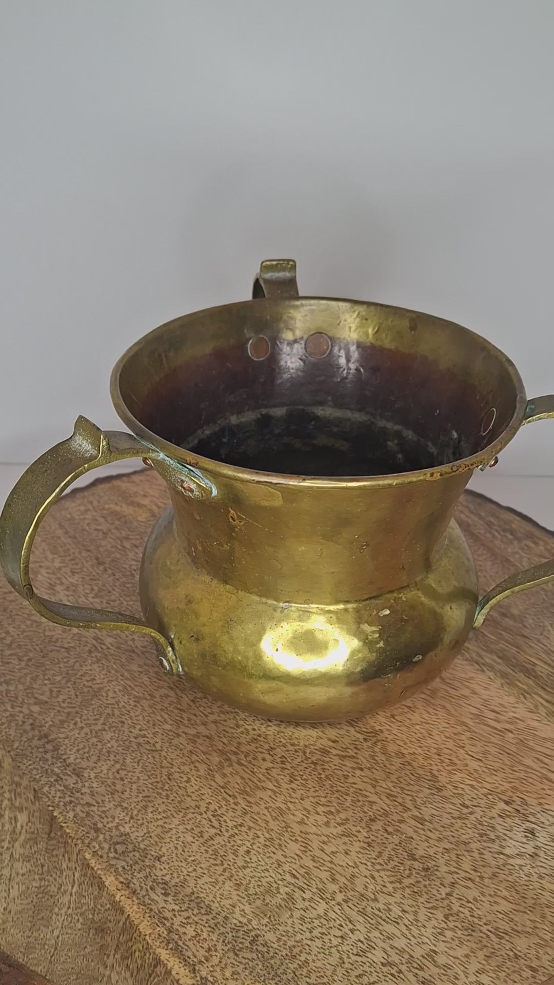 Antique Imperial Russian Brass Netilat Yadayim Ritual Hand-Washing Cup, Tula-Marked Triple-Handle Judaica, Circa 1880-1917