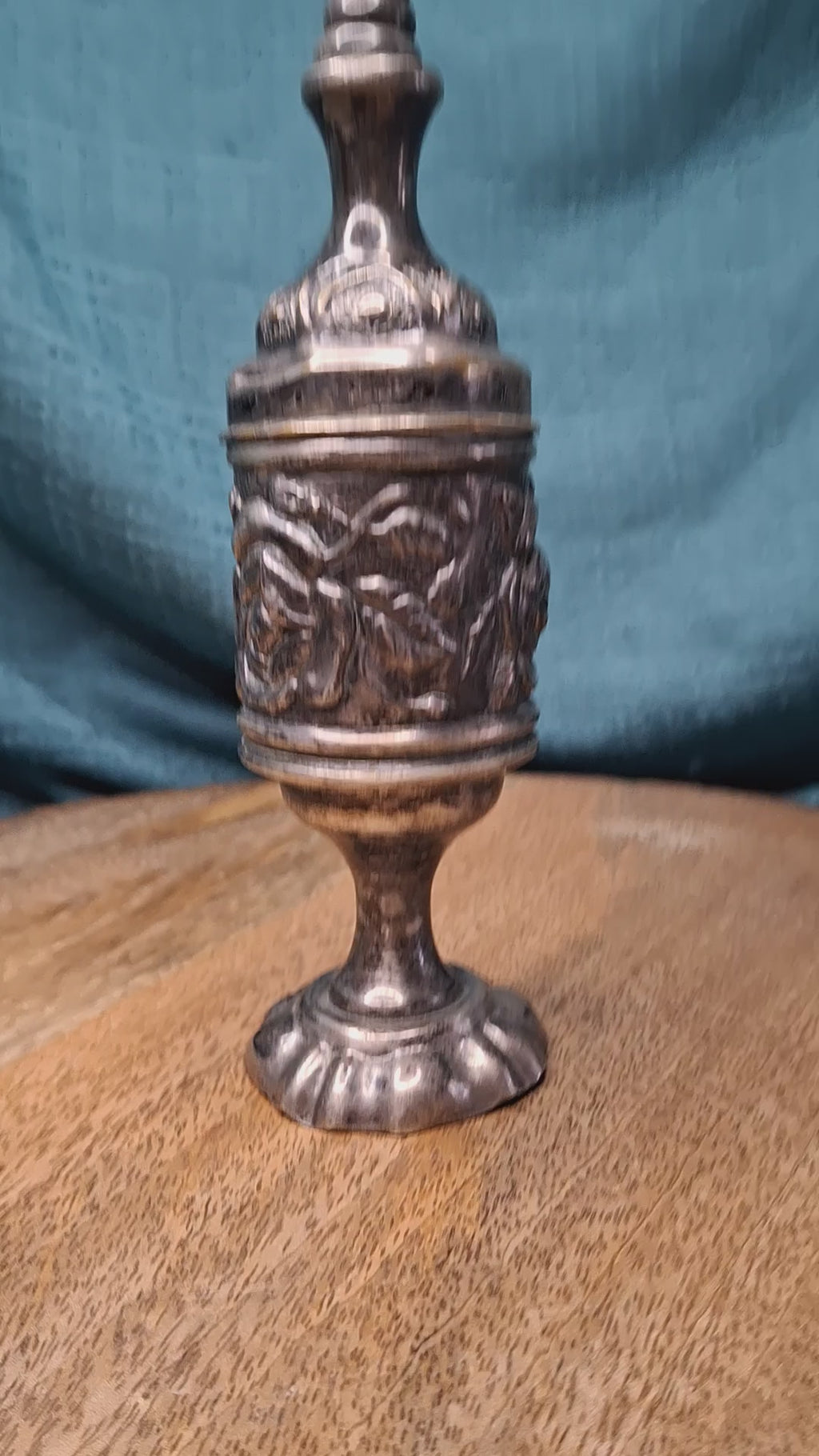 Antique 19thC Repoussé Besamim Spice Tower - Hebrew Inscription - Judaica Havdalah