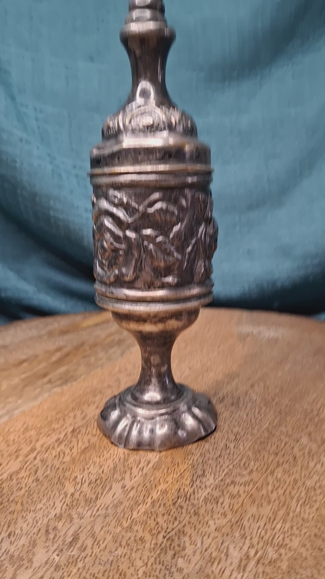 Antique 19thC Repoussé Besamim Spice Tower - Hebrew Inscription - Judaica Havdalah