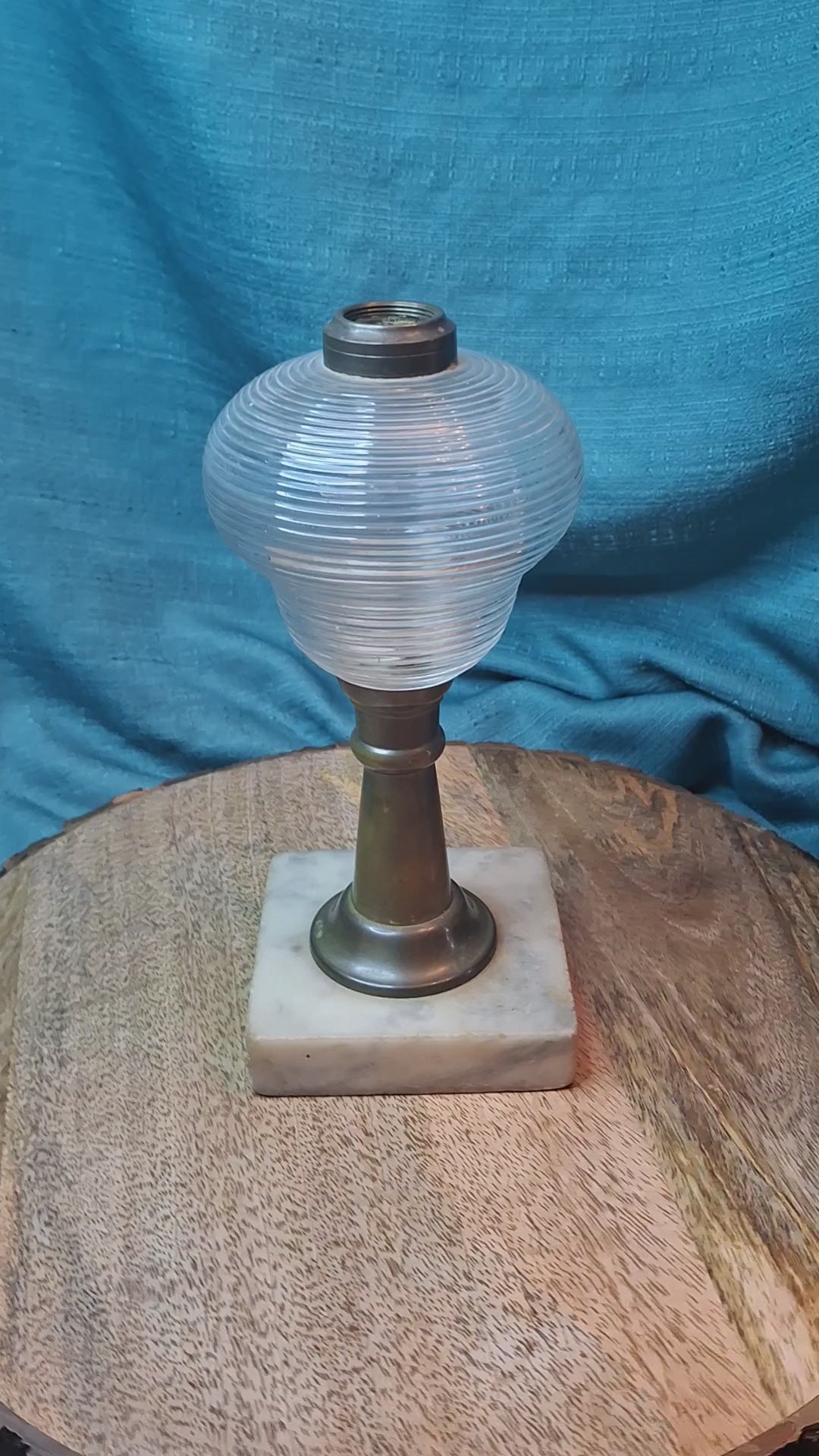 Antique 1850s Whale Oil Lamp Ribbed Glass Font Brass Stem Marble Base Sandwich 8"