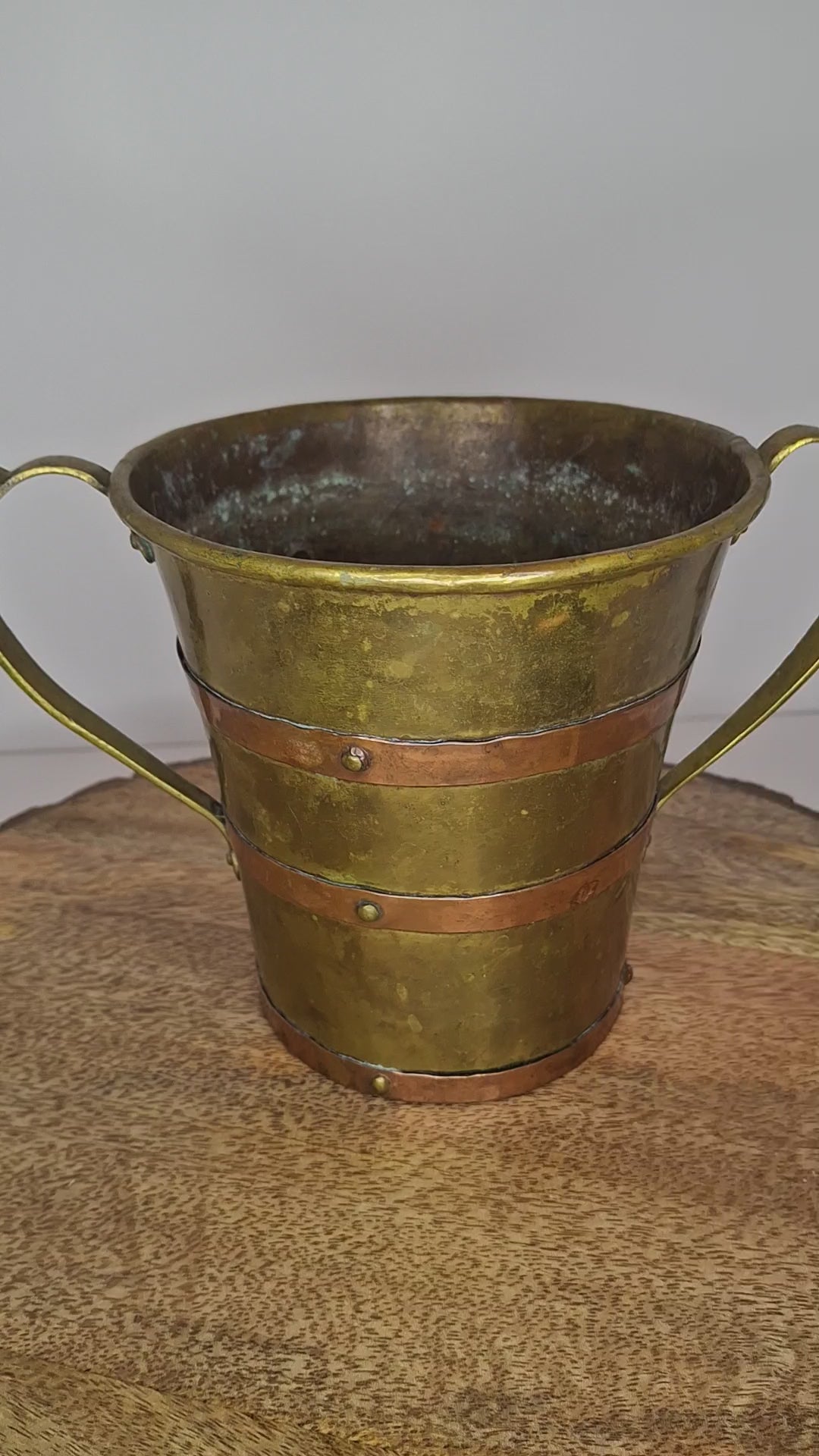 Antique 18th or 19thC Brass & Copper Measure Two-Handled Wash Cup Netilat Yadayim Negel Vasser