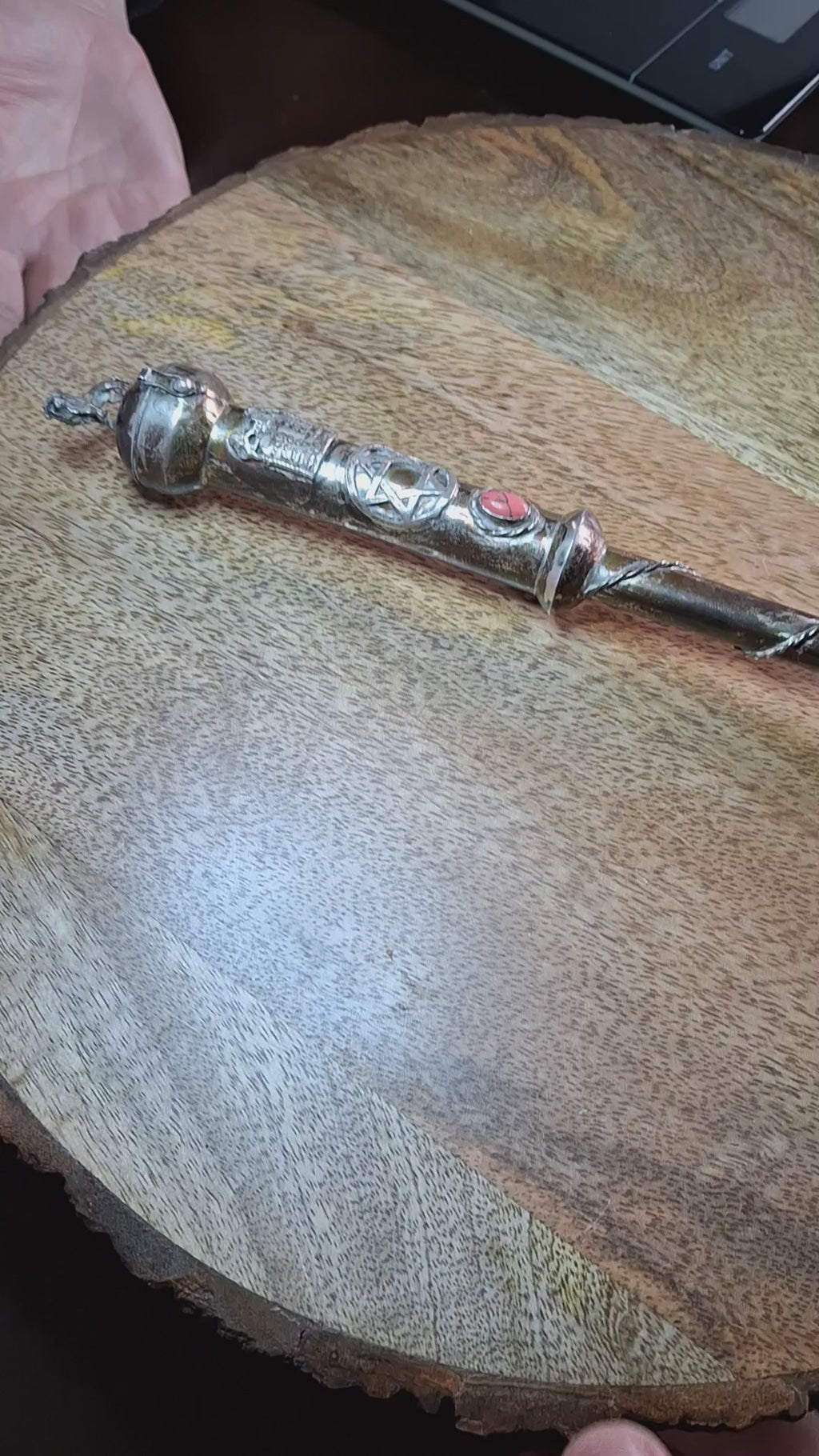 Museum Quality Antique Russian 84 Silver Judaica Torah Pointer Yad with Besamim Spice Holder, Lion Finial, Star of David, Ten Commandments, Red Stone, 1.9 oz, c. 1890