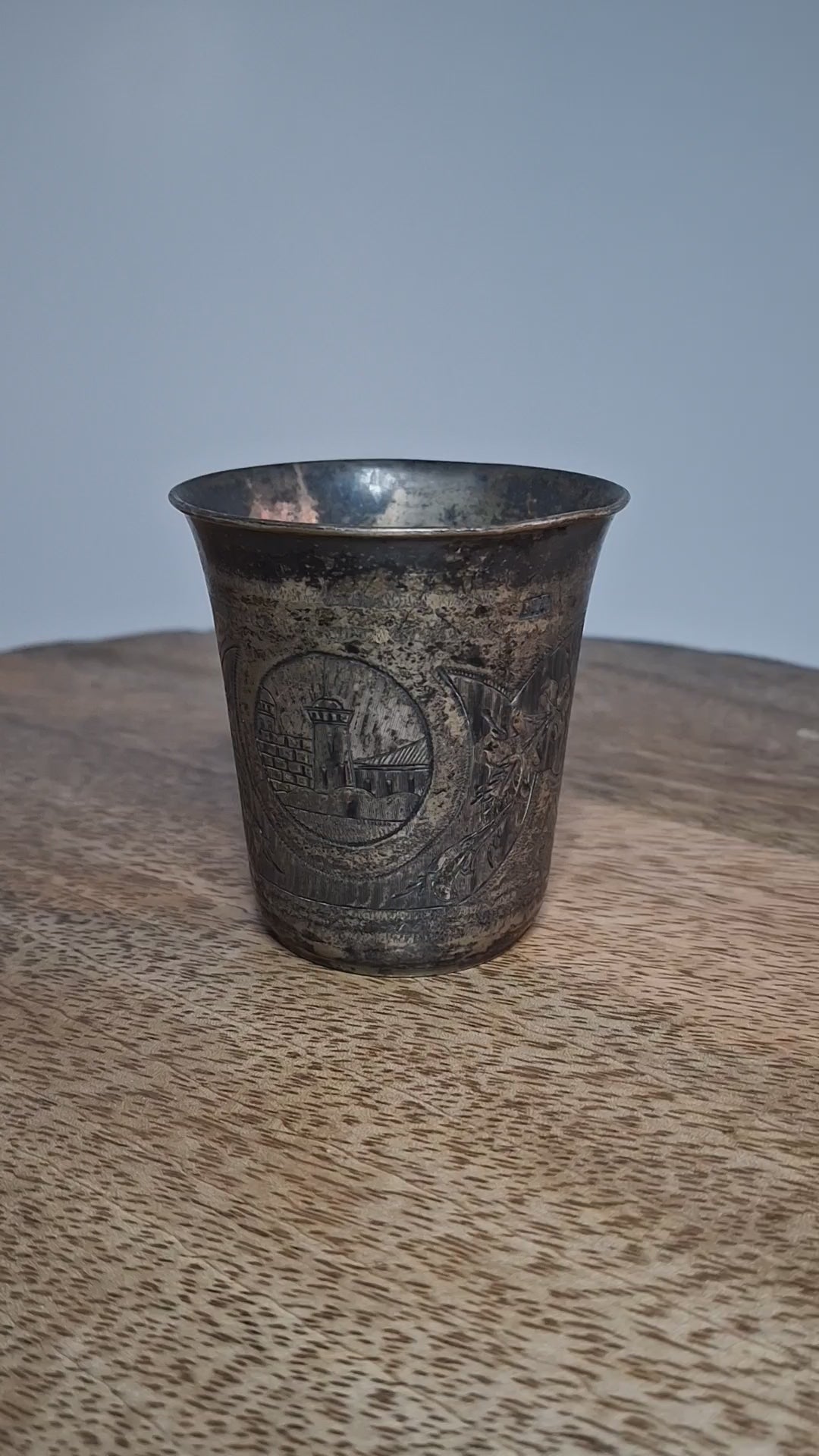 Antique Russian Imperial 84 Silver Kiddush Cup - 2.3 oz, Engraved Tower of David Jerusalem Motif, Hallmarked 1879 Moscow, Judaica