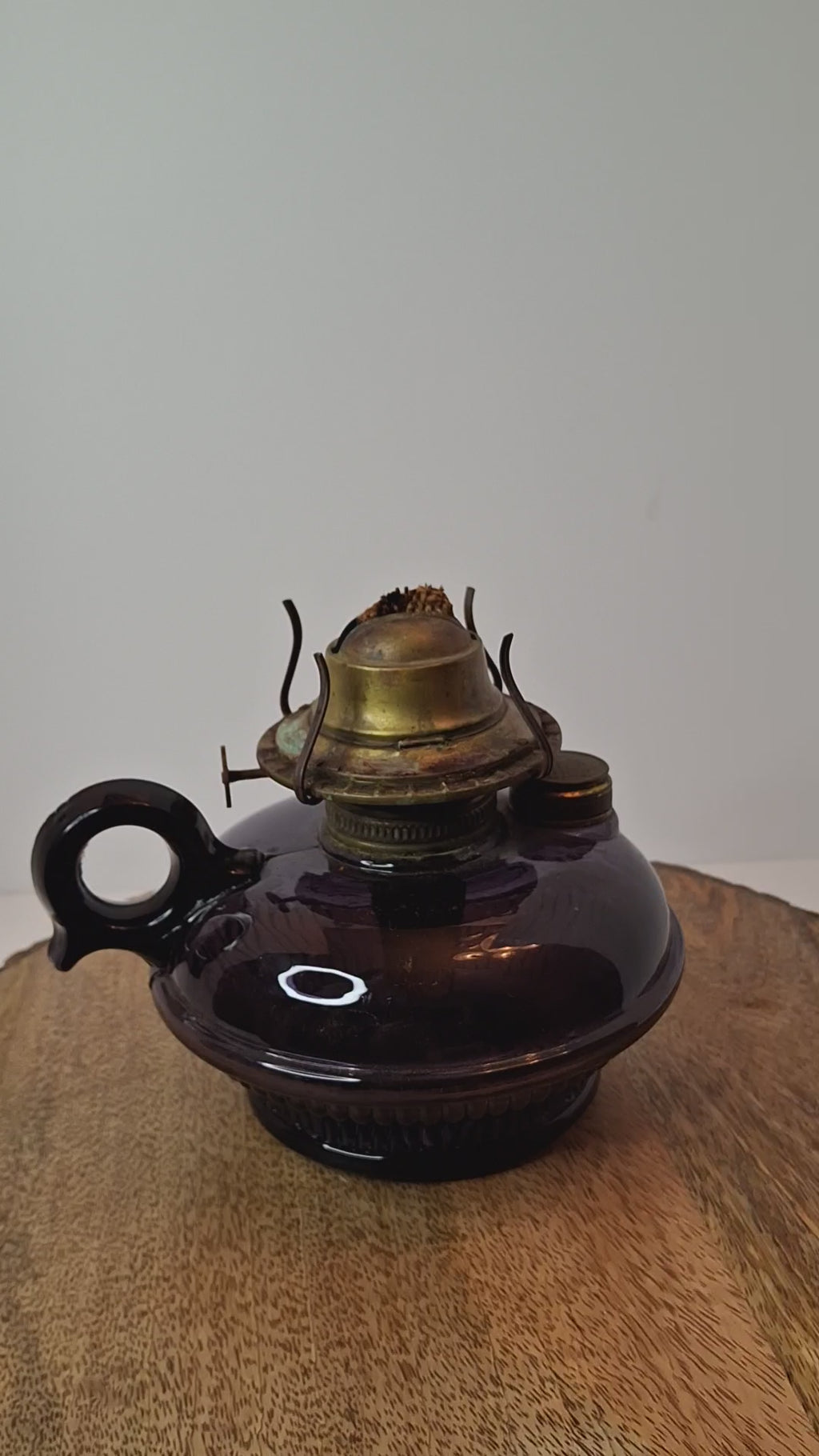 Antique Amethyst Glass Finger Lamp w/ Side Fill & Eagle Burner, Victorian Oil Lamp