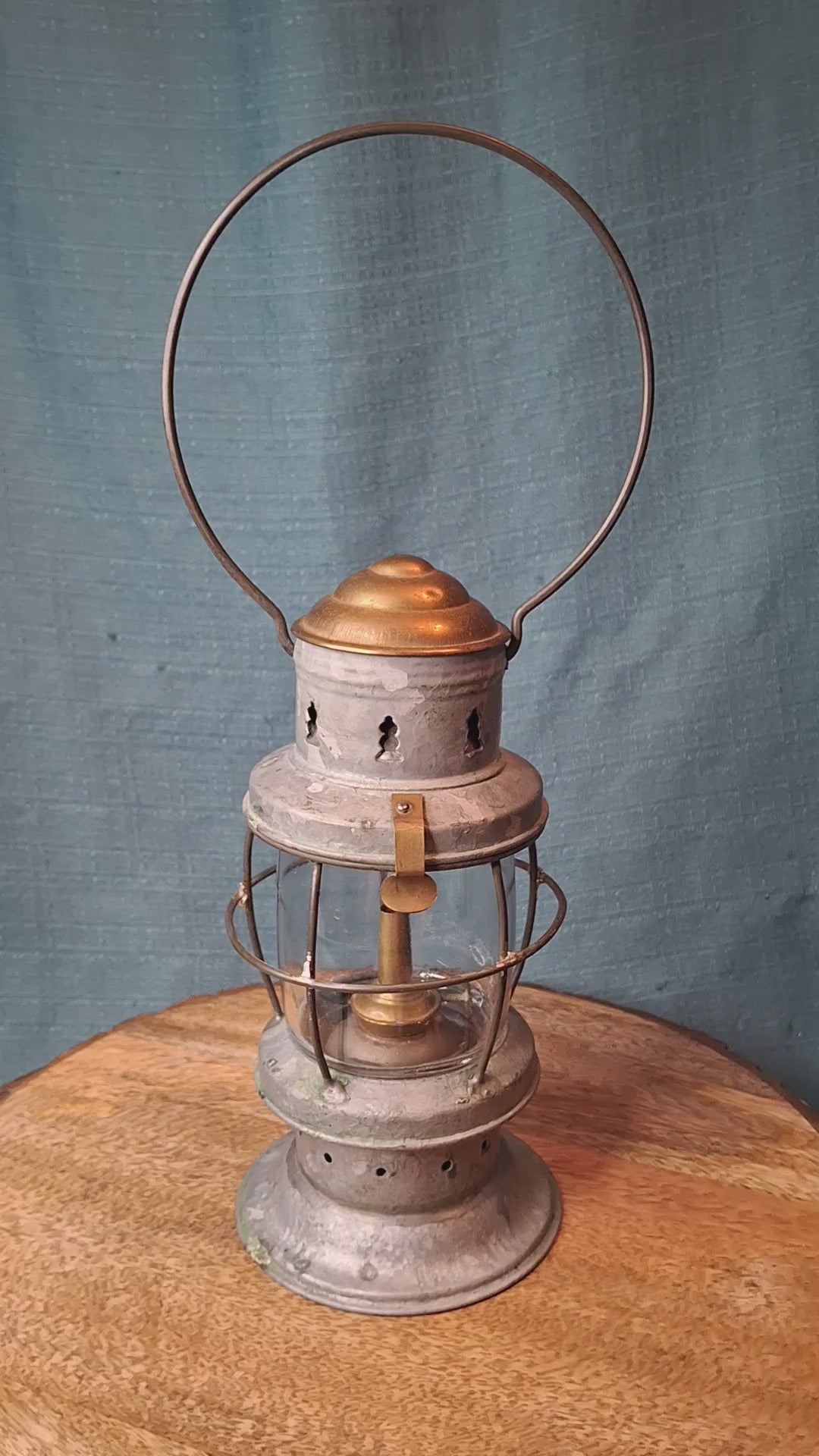 Antique Mid-19th C American Tin and Brass Whale Oil Lantern Double Tube Burner