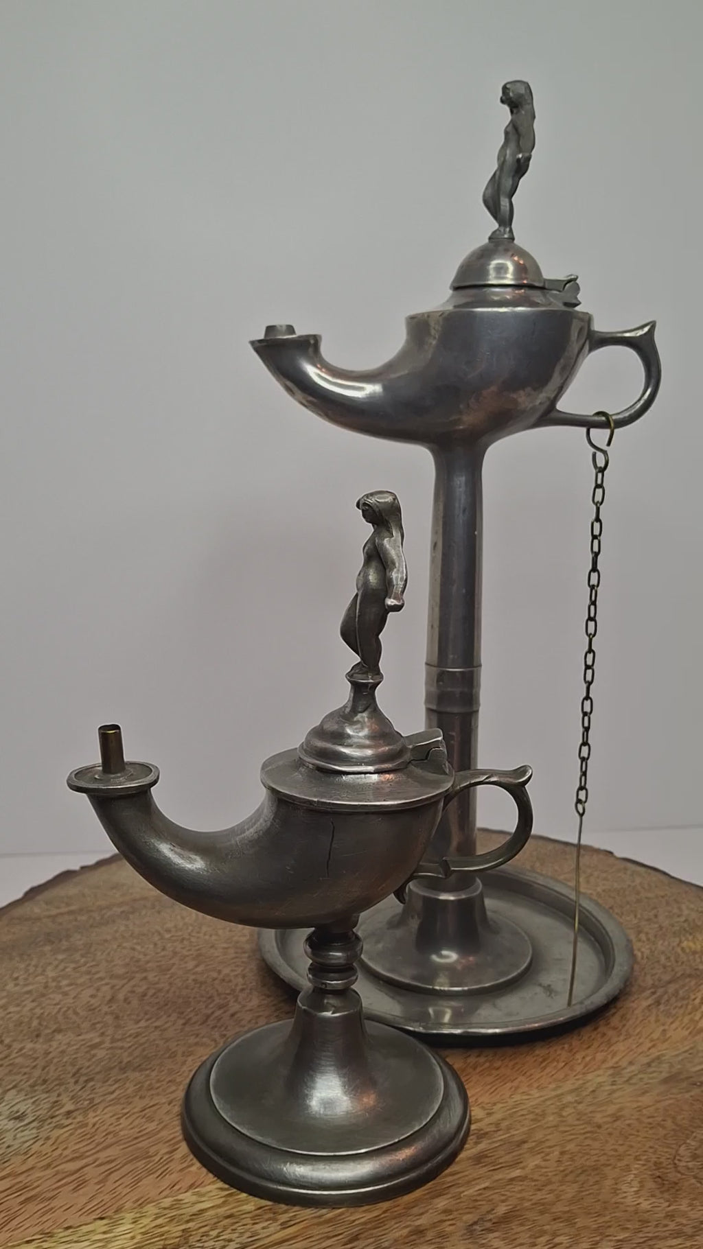 Lot of 2 - Antique 19th Century Pewter Whale Oil Fat Lamps with Figurine, Wick Pick - European