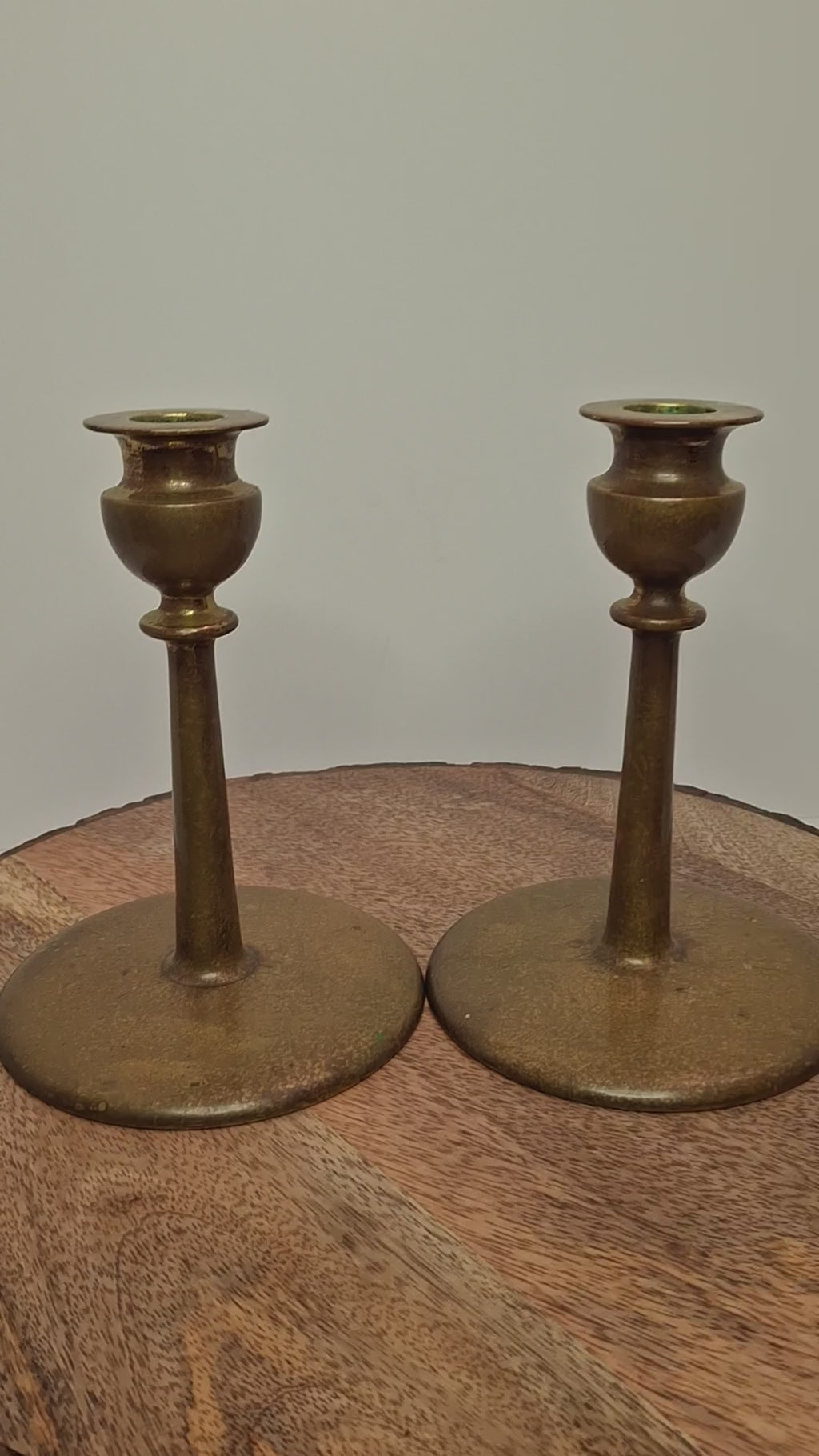 Pair Antique Eastern European Brass Shabbat Candlesticks with Verdigris Patina - Circa 1900 Polish Judaica, 6.5" Tall
