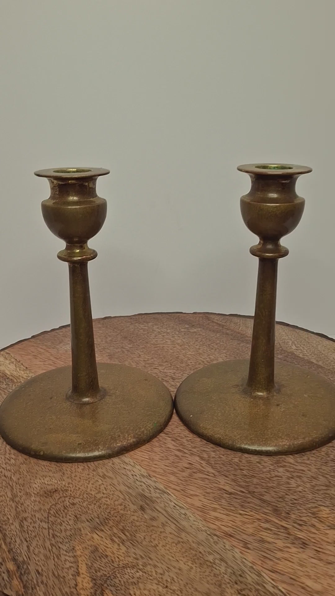 Pair Antique Eastern European Brass Shabbat Candlesticks with Verdigris Patina - Circa 1900 Polish Judaica, 6.5" Tall