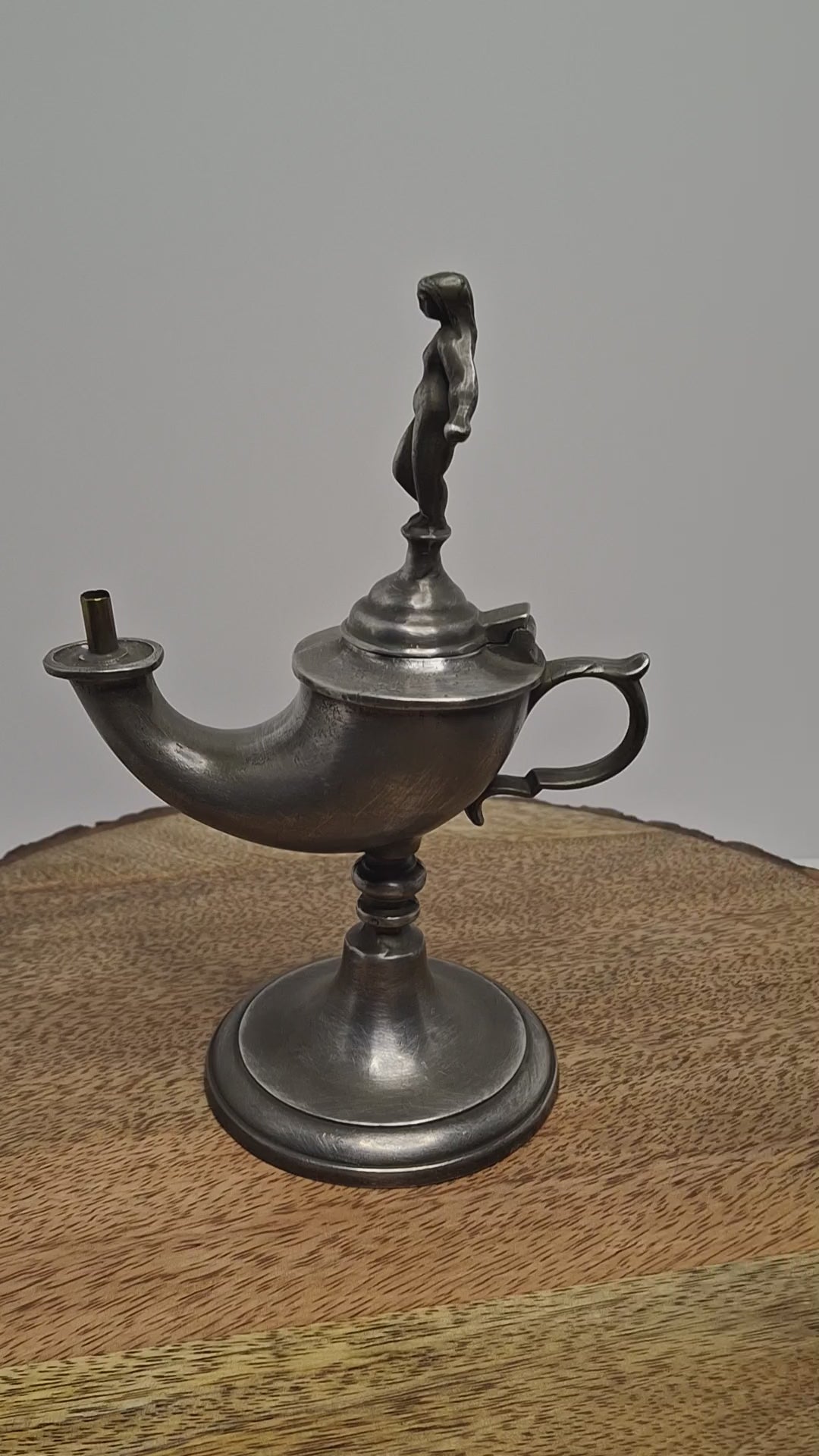 Lot of 2 - Antique 19th Century Pewter Whale Oil Fat Lamps with Figurine, Wick Pick - European