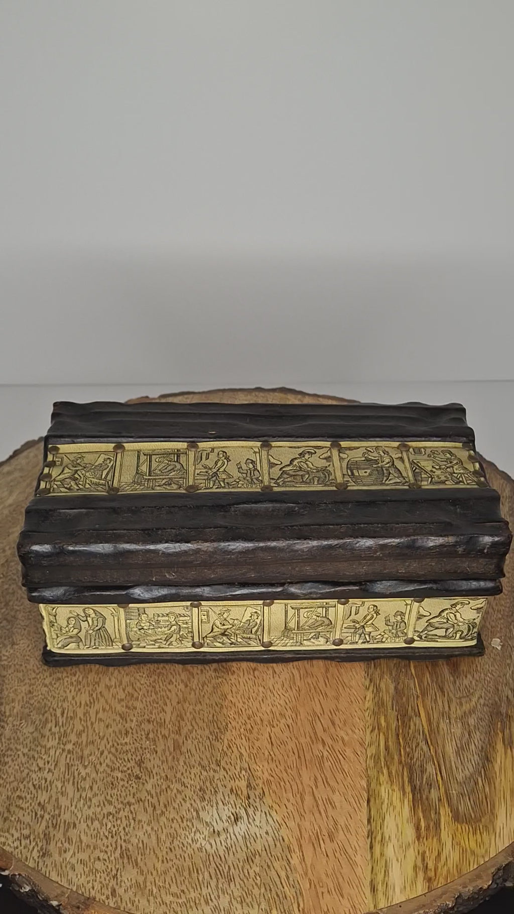 Antique 19th Century European Wooden Document Box with Engraved Leather Panels Depicting Daily Life Scenes - Folk Art Storage Chest