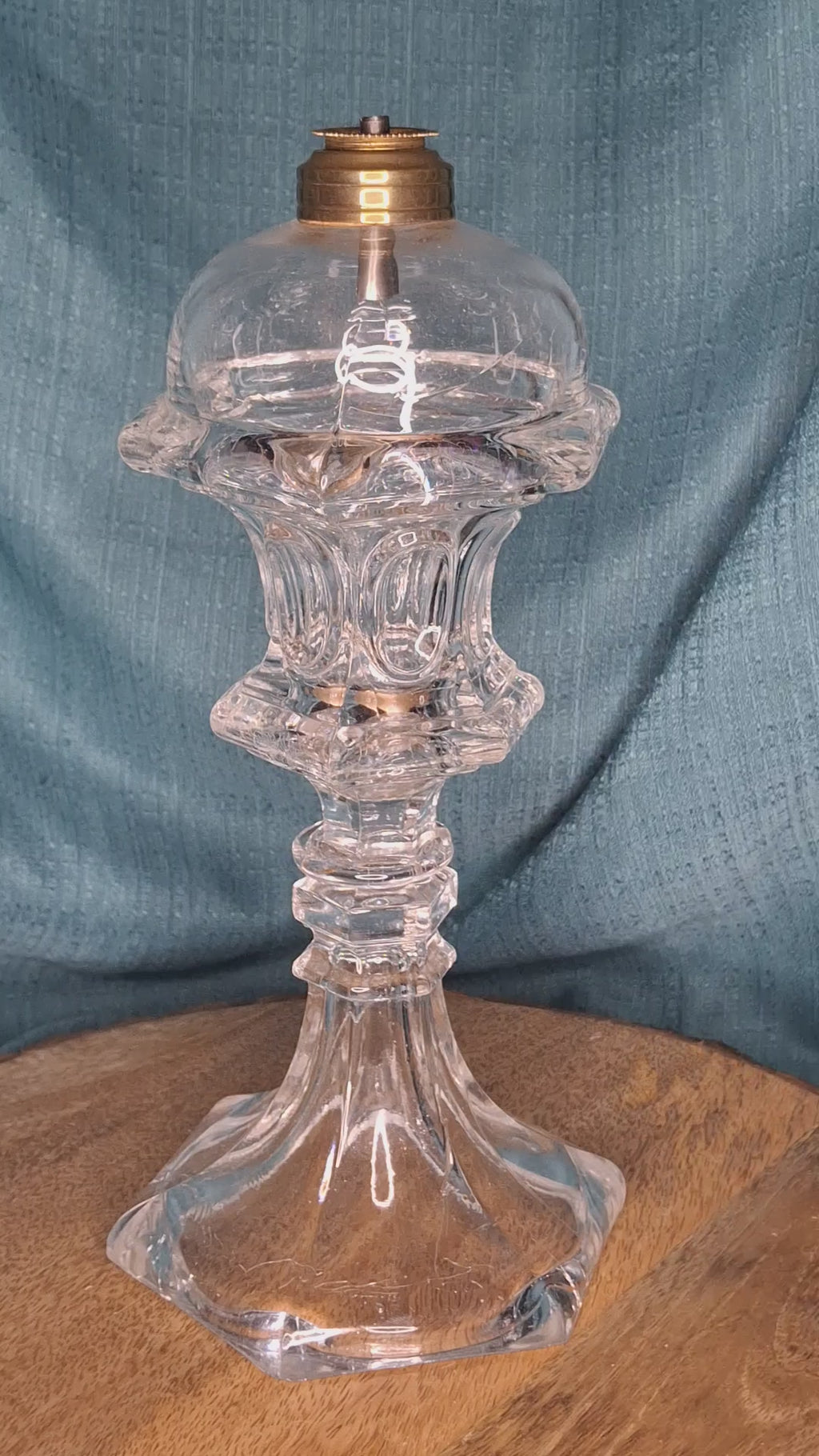 Antique 1840s Tall Sandwich Glass Double Whale Oil Burner Lamp - Clear Blown Font, Brass Fittings, Minor Base Chip - American Primitive Lighting