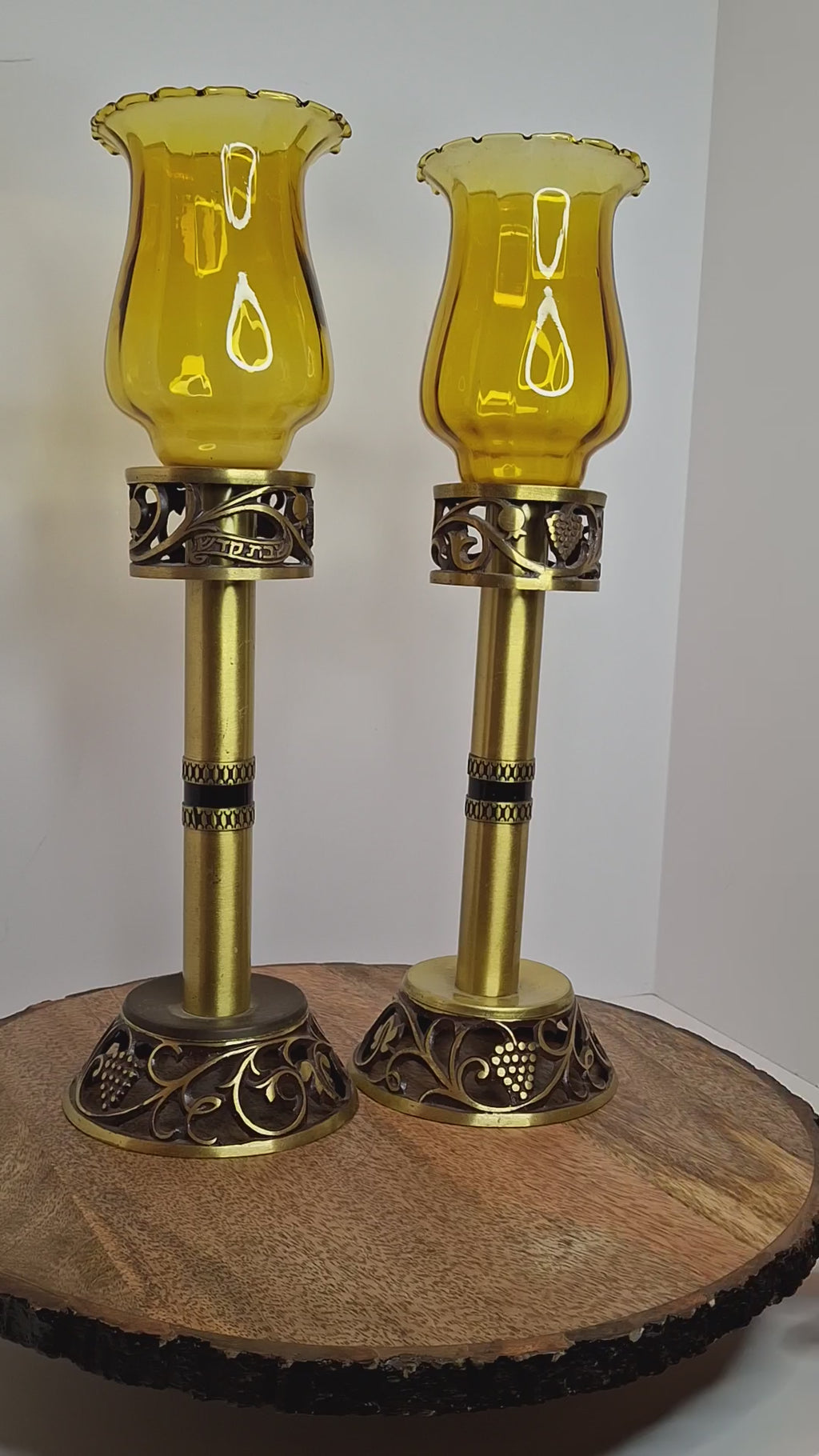 Oppenheim Vintage Israeli Brass Shabbat Candlesticks Glass Hurricane Shades