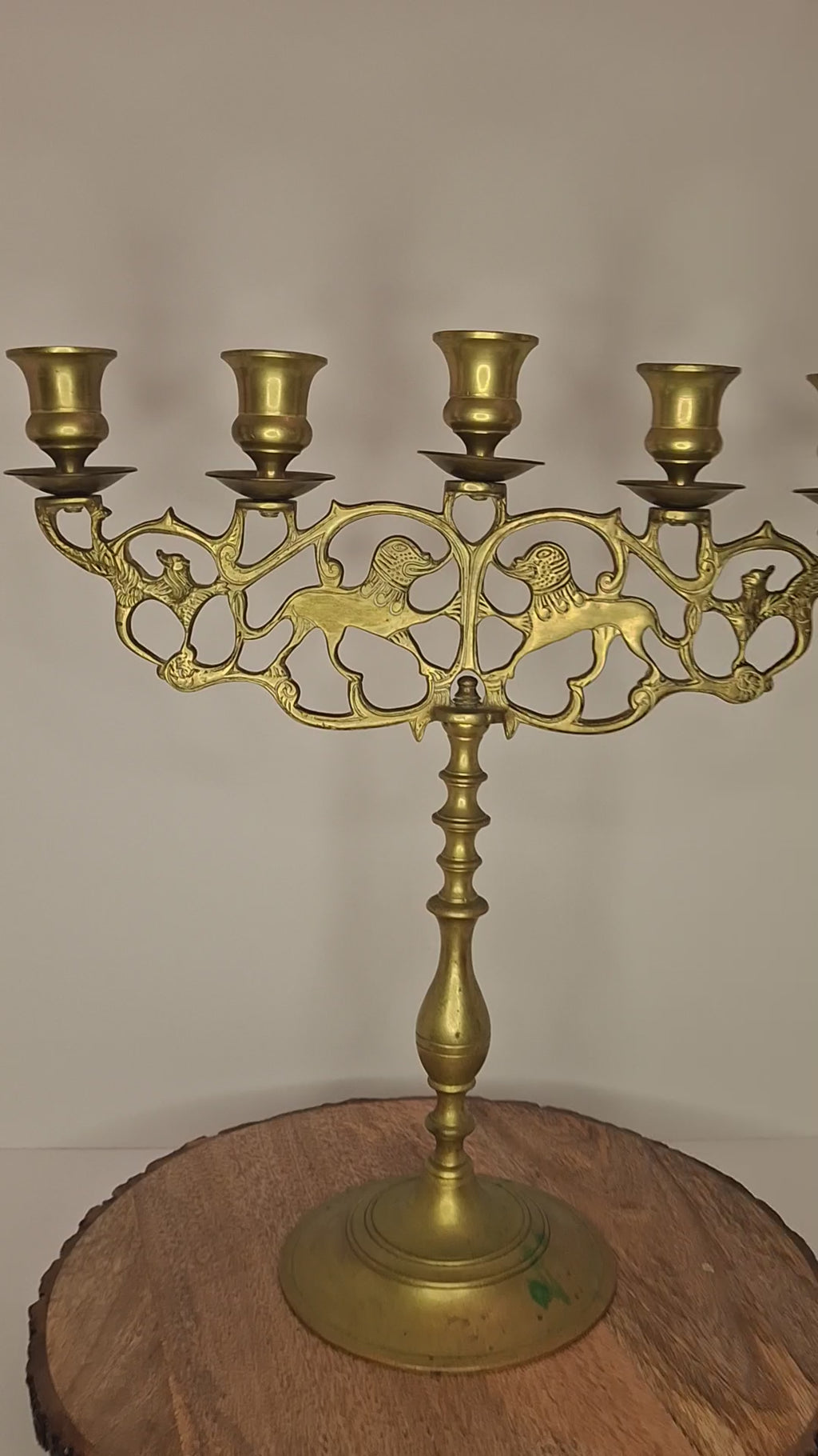 Antique 19th Century Eastern European Jewish Brass 5-Arm Sabbath Candelabrum with Mythical Bird Motifs & Original Dark Patina - Judaica