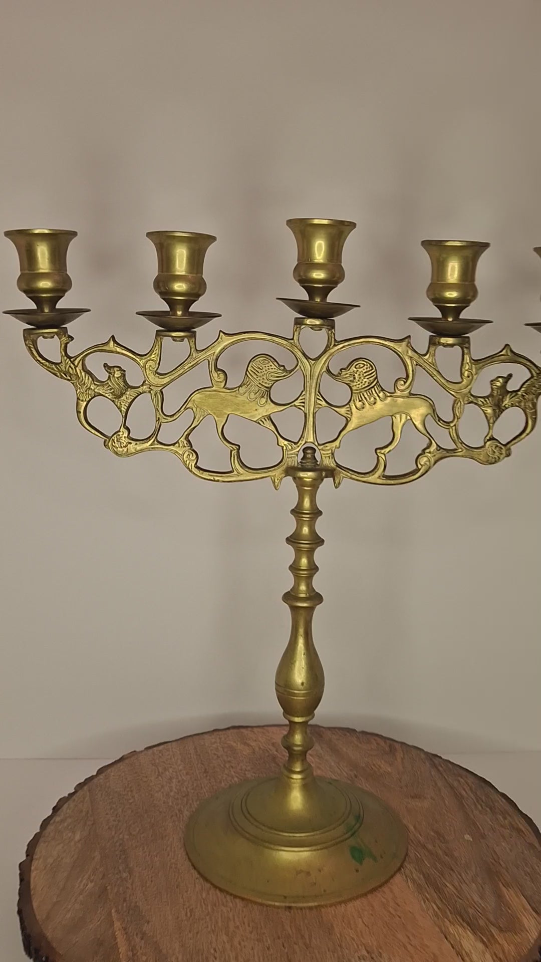 Antique 19th Century Eastern European Jewish Brass 5-Arm Sabbath Candelabrum with Mythical Bird Motifs & Original Dark Patina - Judaica