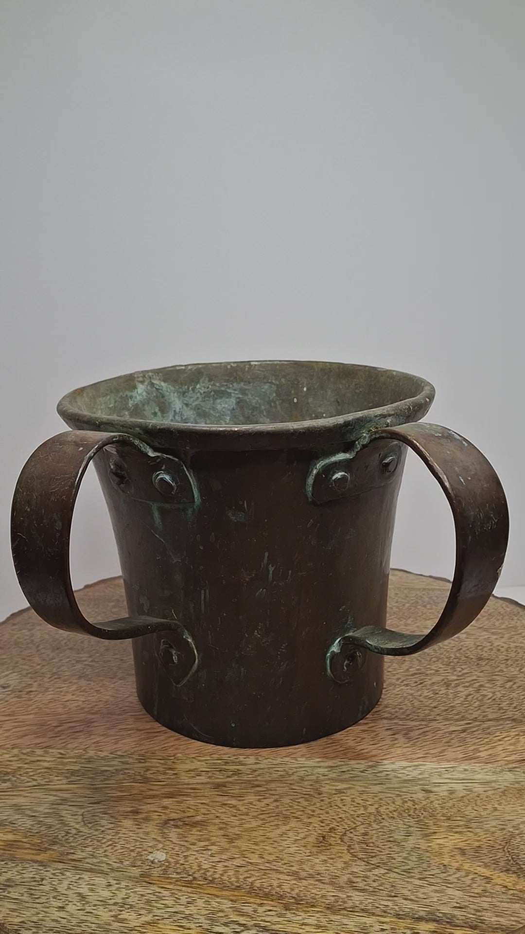 Antique Copper Netilat Yadayim Hand Washing Cup - Judaica Hand Wash Laver with Brass Handles, Dark Patina, 2.2 lbs, Circa 1880-1930