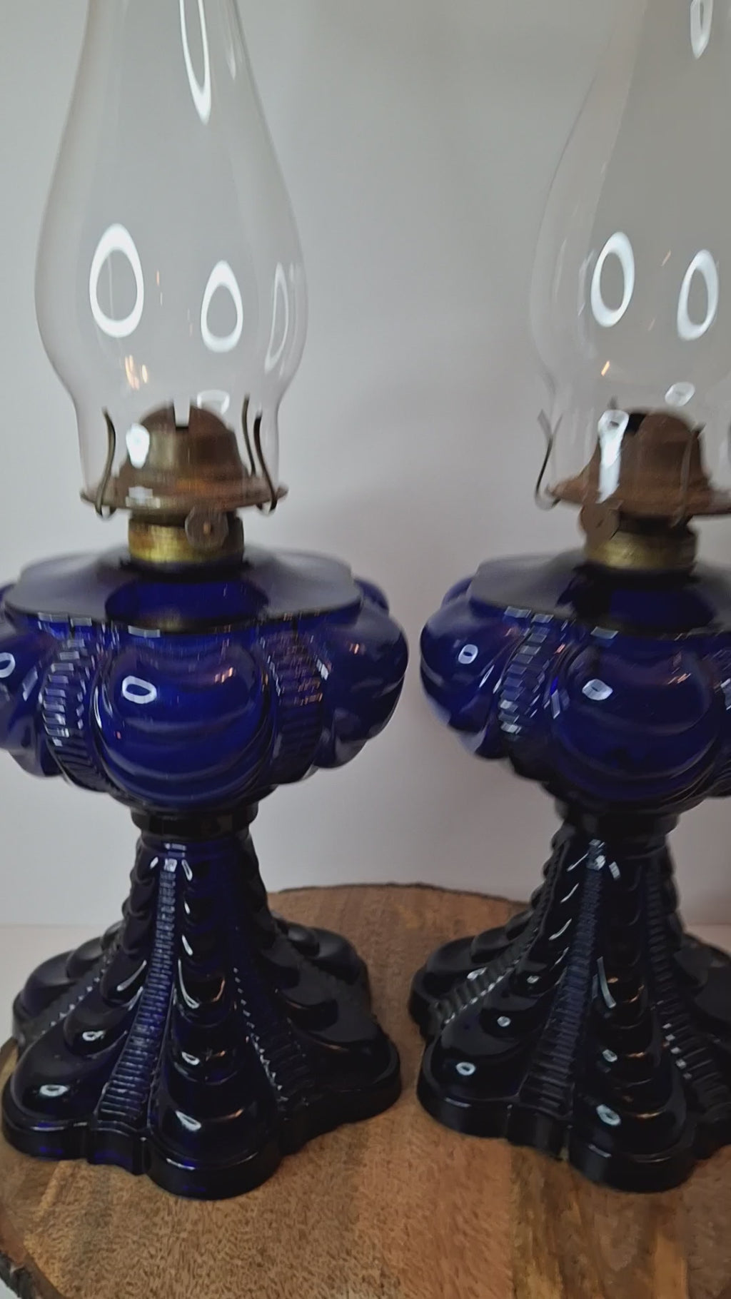 Rare Pair Antique Cobalt Blue Coolidge Drape Kerosene Oil Lamps | Victoria Pattern Pilabrasgo c. 1890s | EAPG Stunning Condition