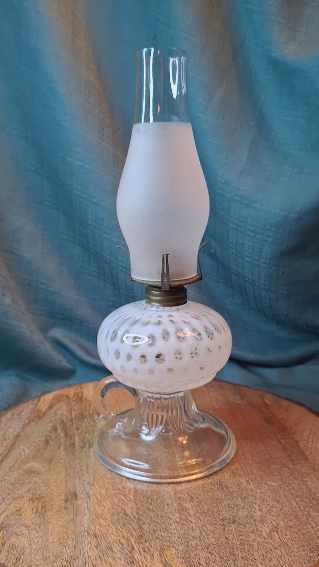 Antique Hobbs Opalescent Coin Dot & Leaf and Jewel Finger Lamp - White to Clear - c.1890