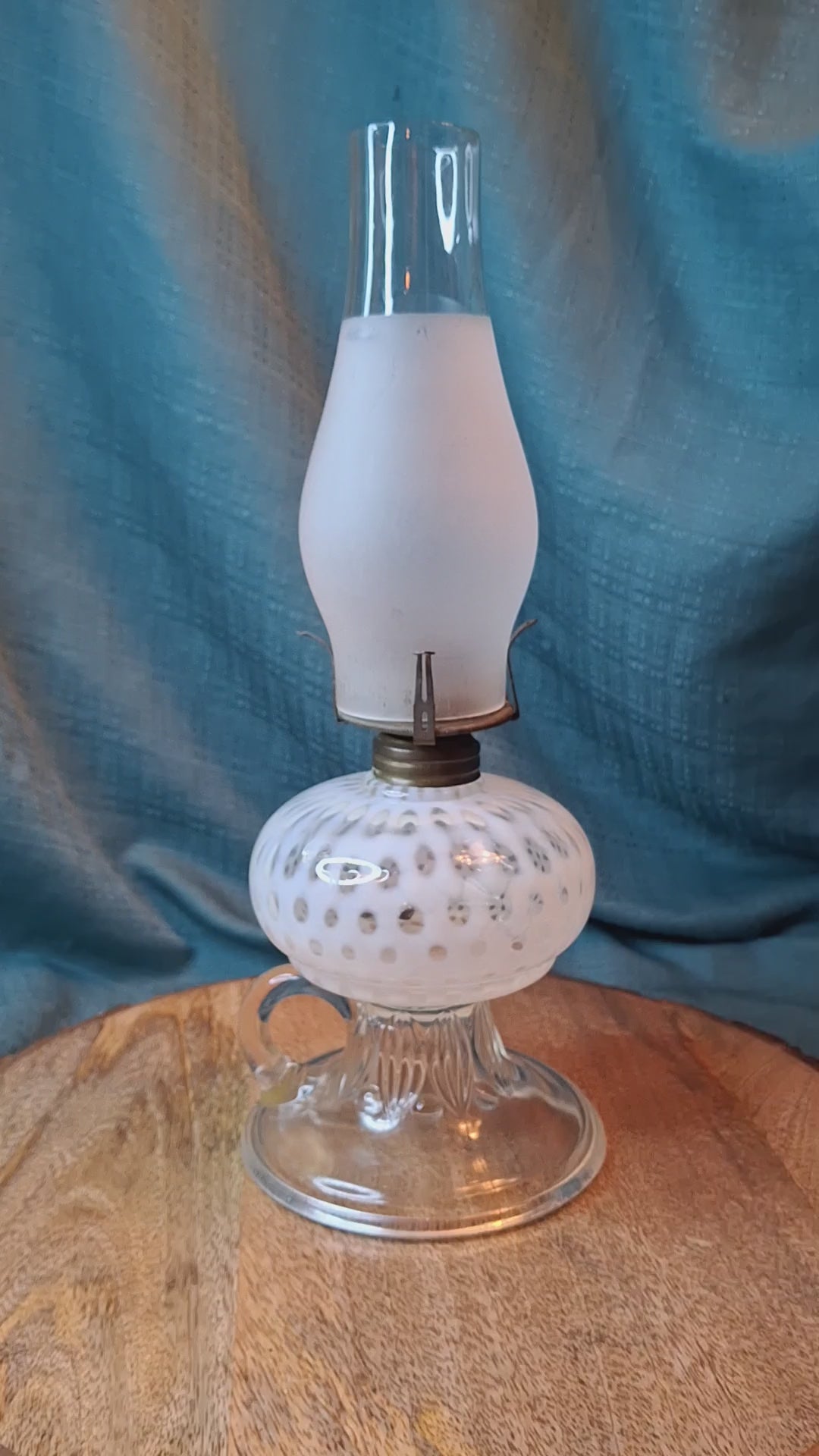 Antique Hobbs Opalescent Coin Dot & Leaf and Jewel Finger Lamp - White to Clear - c.1890