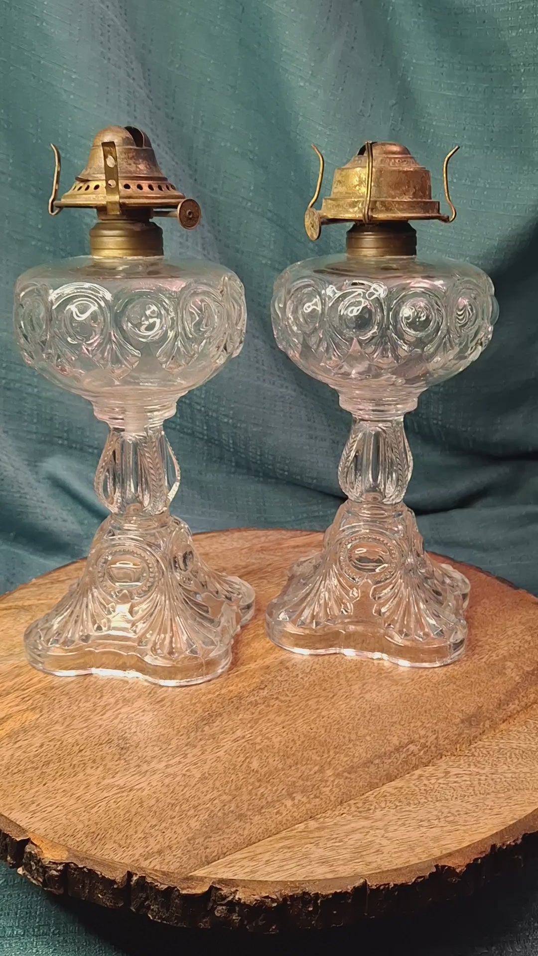 Antique Pair EAPG Bullseye and Fan Kerosene Oil Lamps Plume & Atwood E. Miller