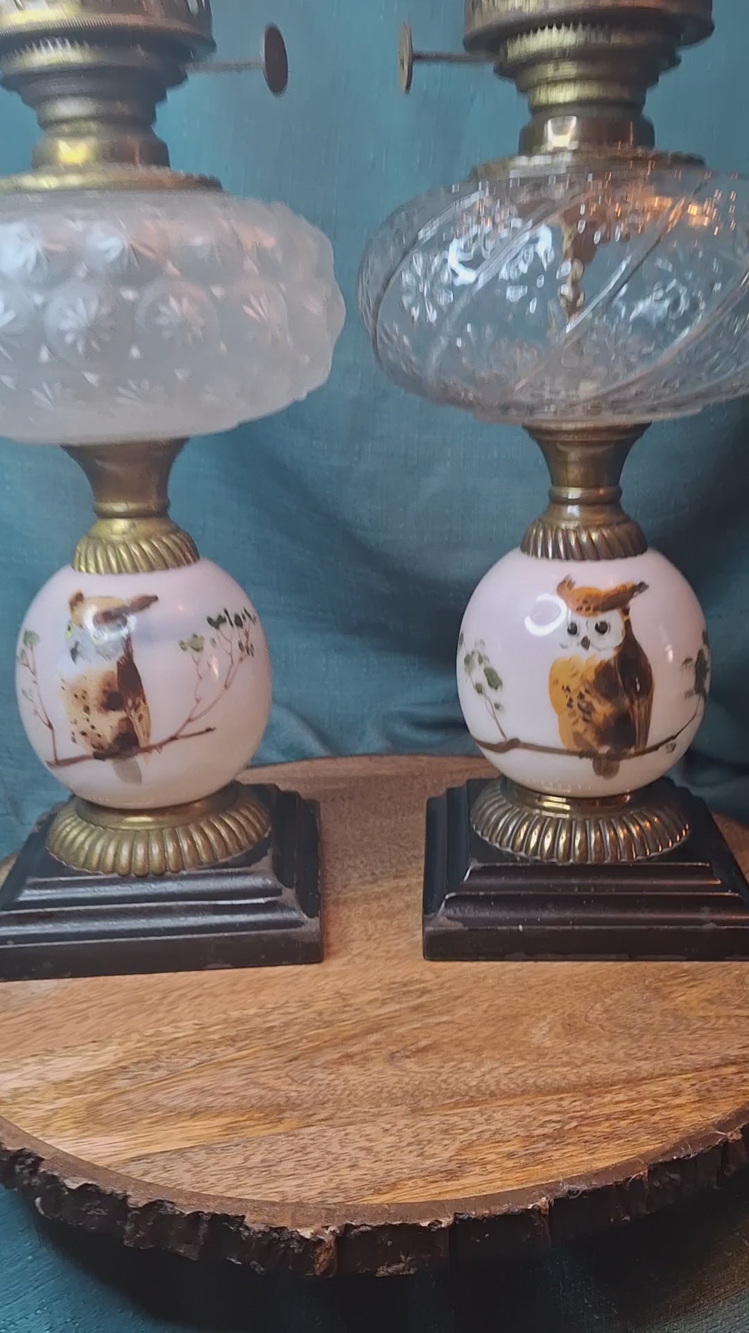 Pair Antique Victorian Opal Oil Lamps Hand Painted Owl Milk Glass Cast Iron P&A 20"