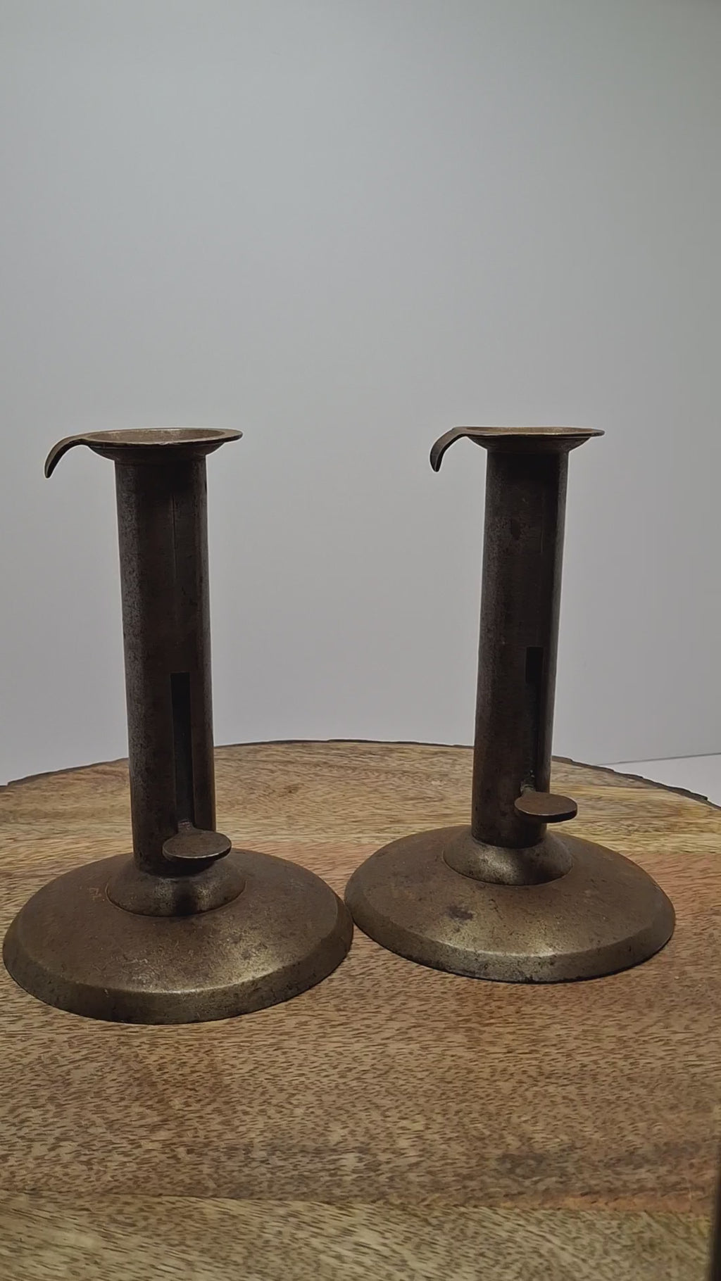 Pair Antique 19th C. Primitive Iron Hog Scraper Adjustable Push-Up Candle Holder