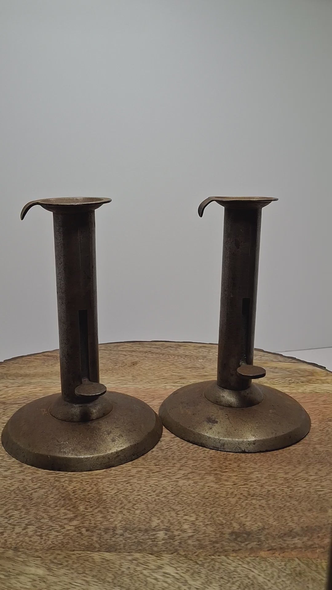 Pair Antique 19th C. Primitive Iron Hog Scraper Adjustable Push-Up Candle Holder