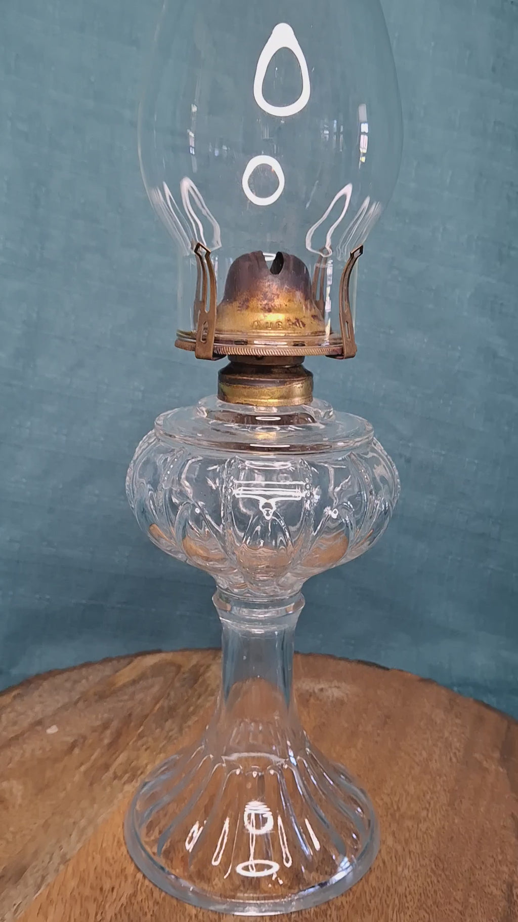 Antique Clear Pressed Glass Kerosene Oil Lamp with Queen Anne Burner, USA c. 1900 - Victorian Era
