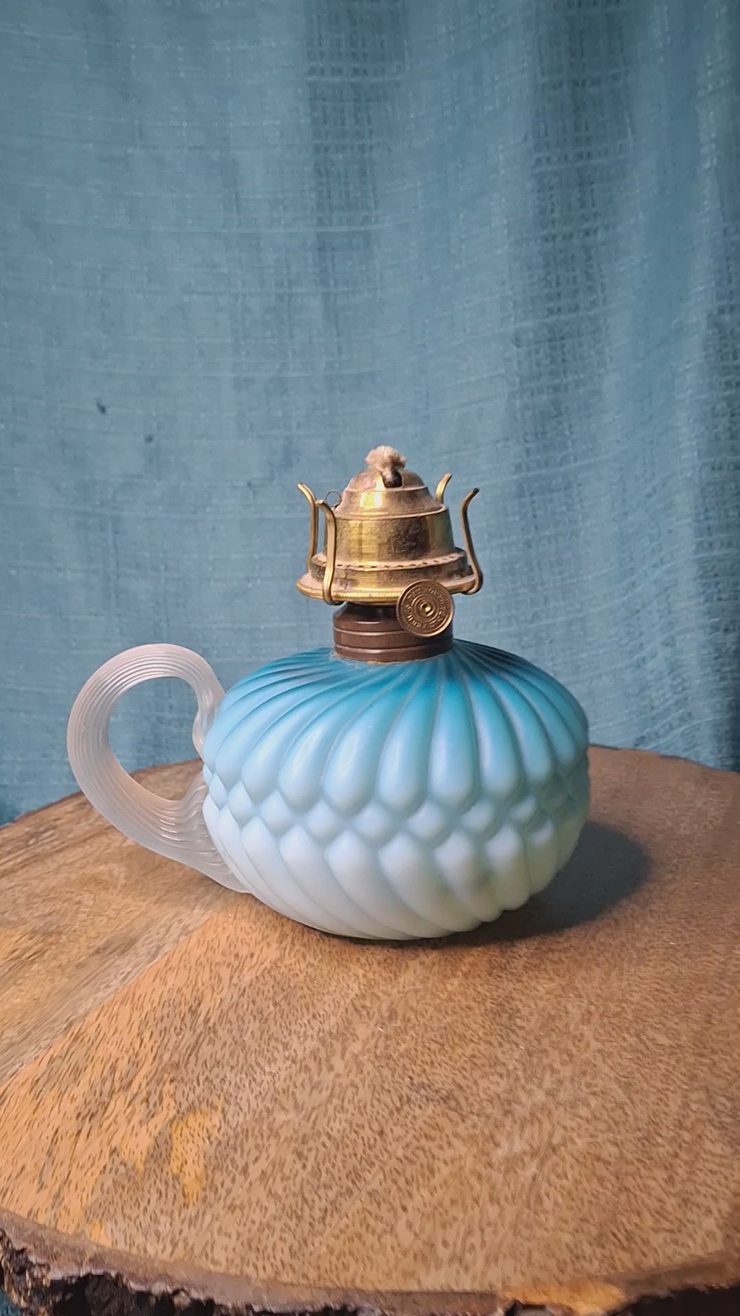 RARE Antique Blue Satin Uranium Glass Kerosene Finger Lamp Hand-Blown UV Glow