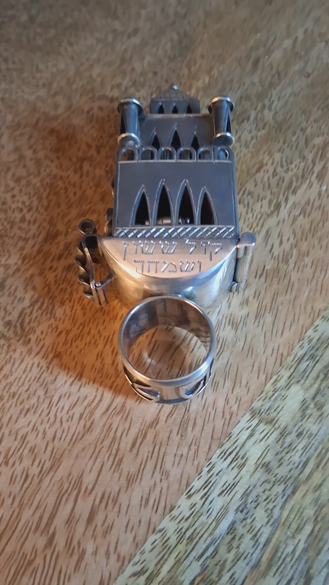 19th Century Antique Silver European Jewish Wedding Ring Architectural Synagogue Bimah Torah Mazel Tov