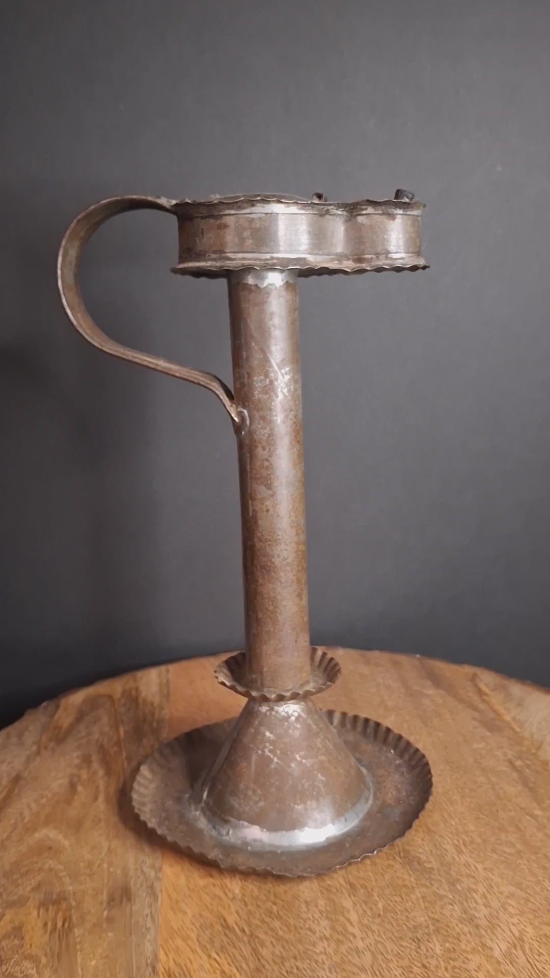 Antique Rare 19th Century Sheet Tin Betty Lamp Integrated Saucer Stand Primitive Fat Lard Grease Oil Lamp