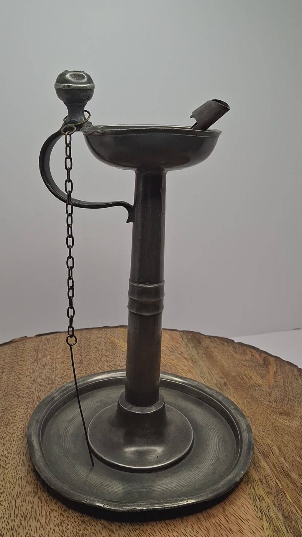 Ultra-Rare Circa 1680 English Pewter Betty Fat Lamp Tabletop w/ Dated Key-Shield Makers Mark '1680' & Wick Picker - Colonial Primitive