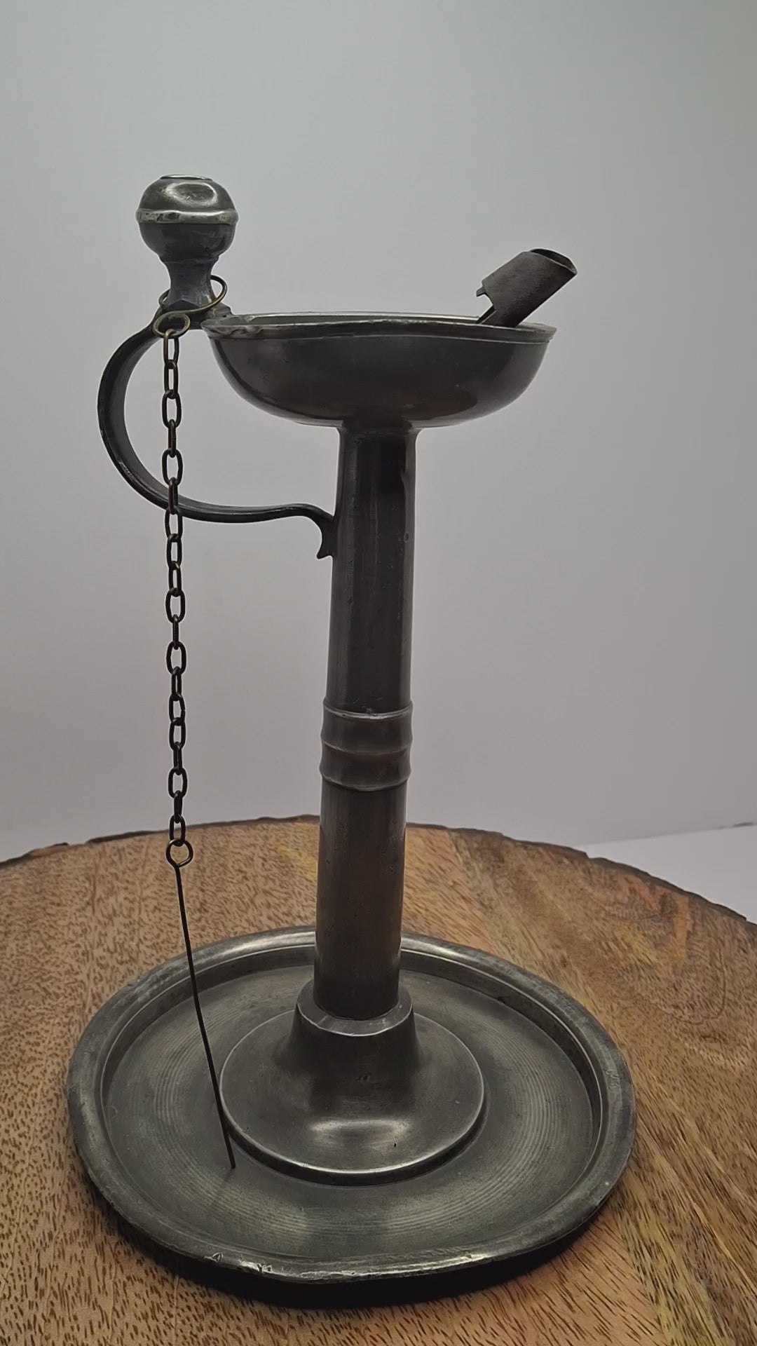 Ultra-Rare Circa 1680 English Pewter Betty Fat Lamp Tabletop w/ Dated Key-Shield Makers Mark '1680' & Wick Picker - Colonial Primitive